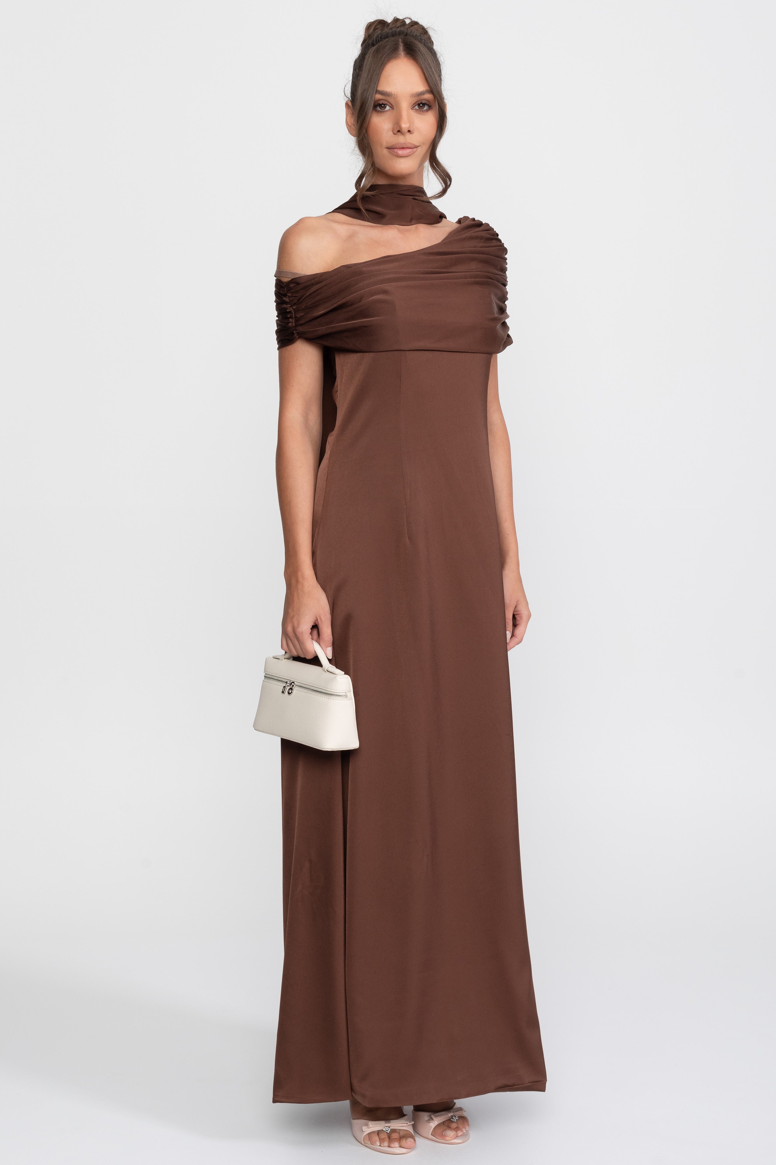 One-Shoulder Draped Satin Gown With Ruched Wrap - Brown