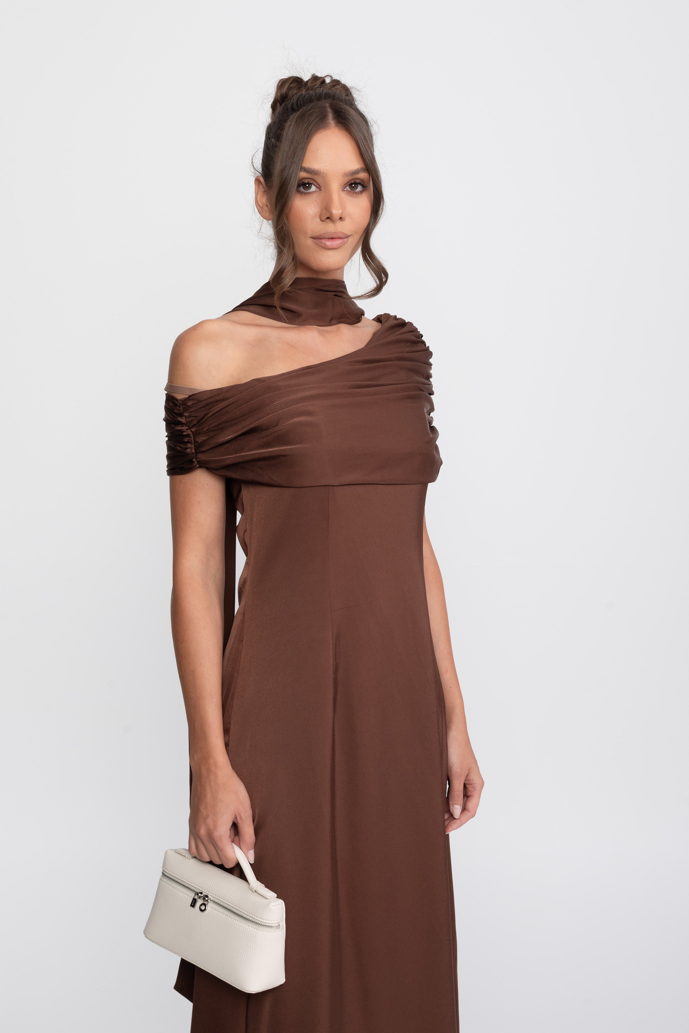 One-Shoulder Draped Satin Gown With Ruched Wrap - Brown