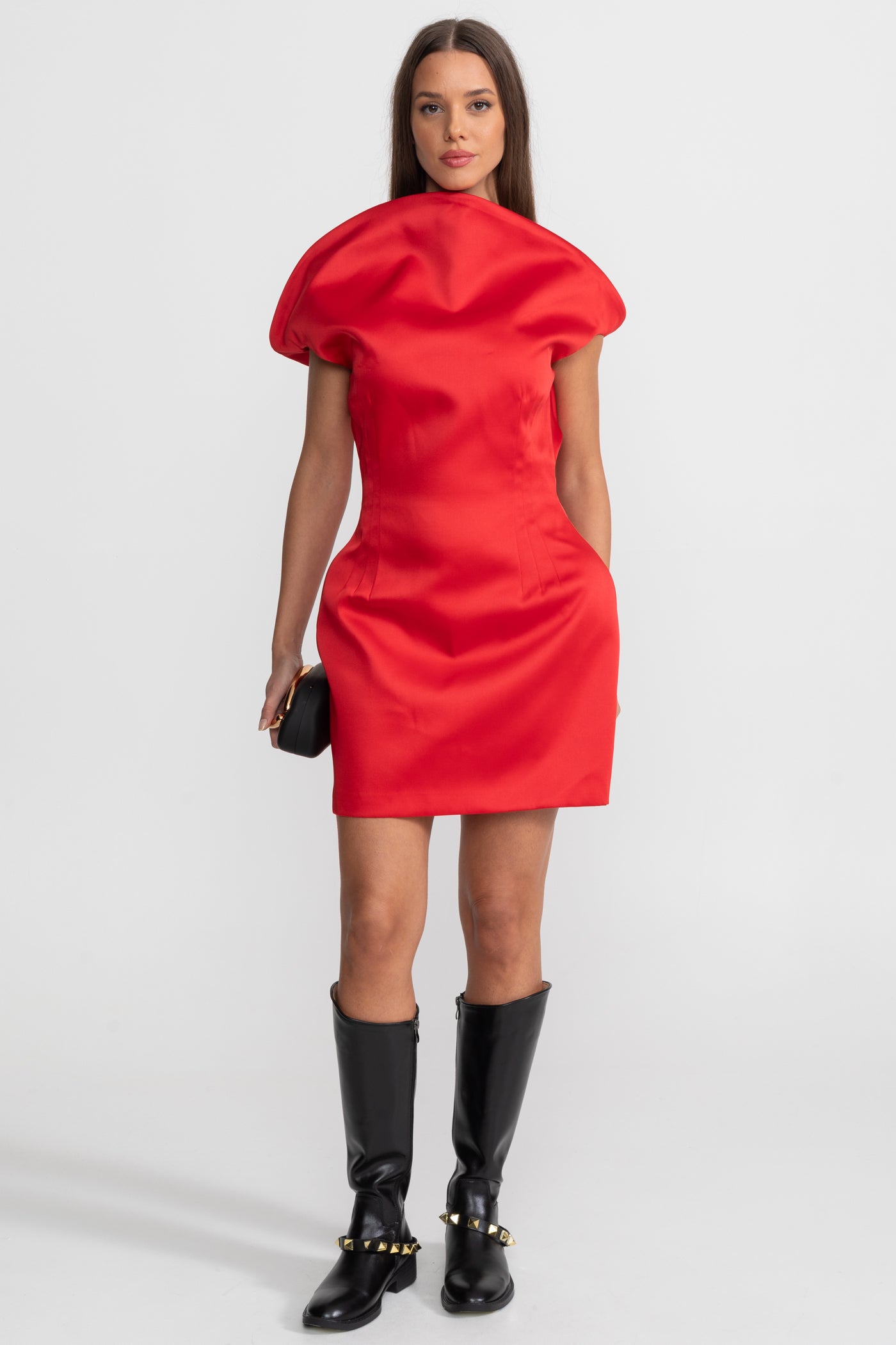 Satin Mini Dress with Sculptural Shoulder Detail - Red