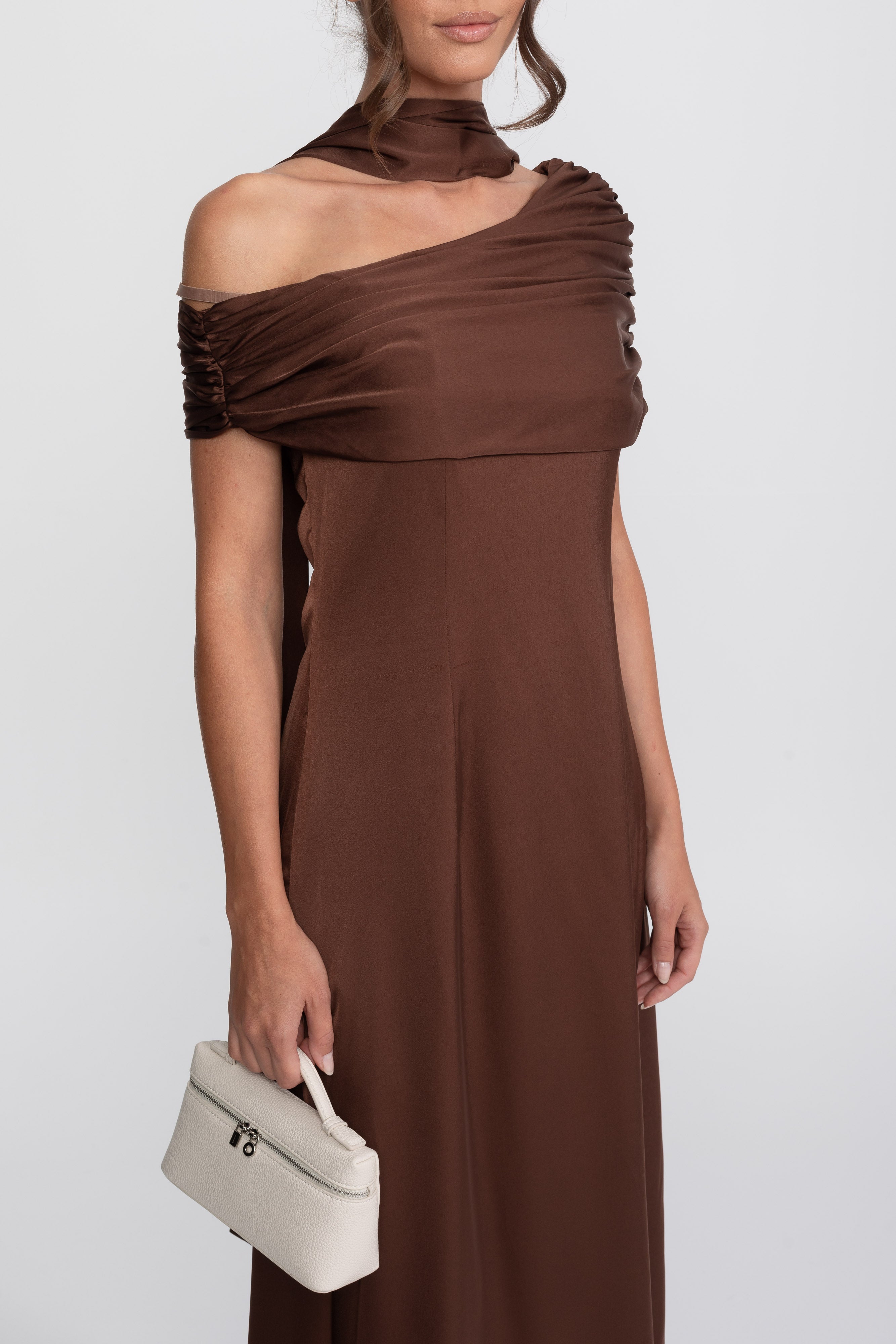 One-Shoulder Draped Satin Gown With Ruched Wrap - Brown