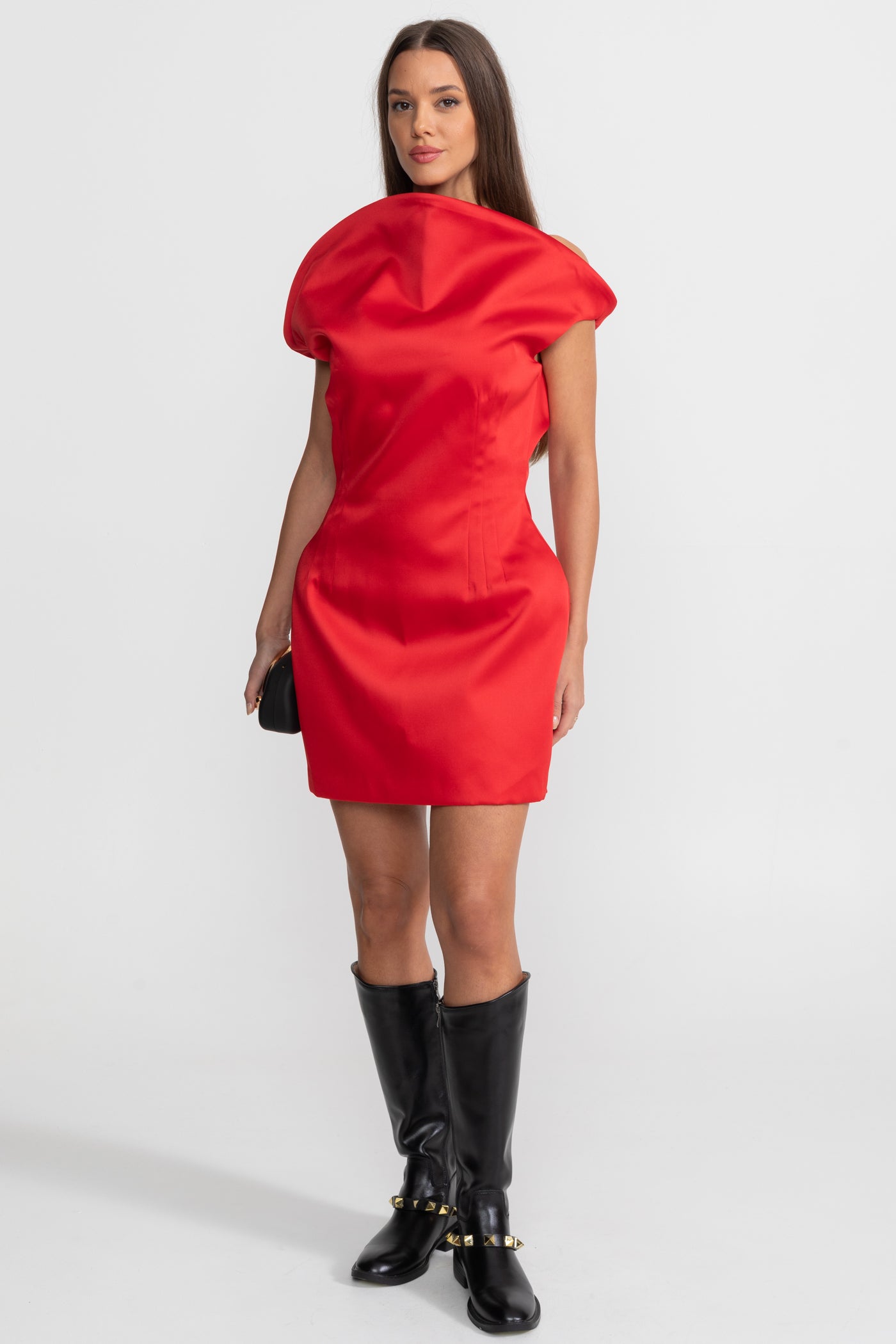 Satin Mini Dress with Sculptural Shoulder Detail - Red