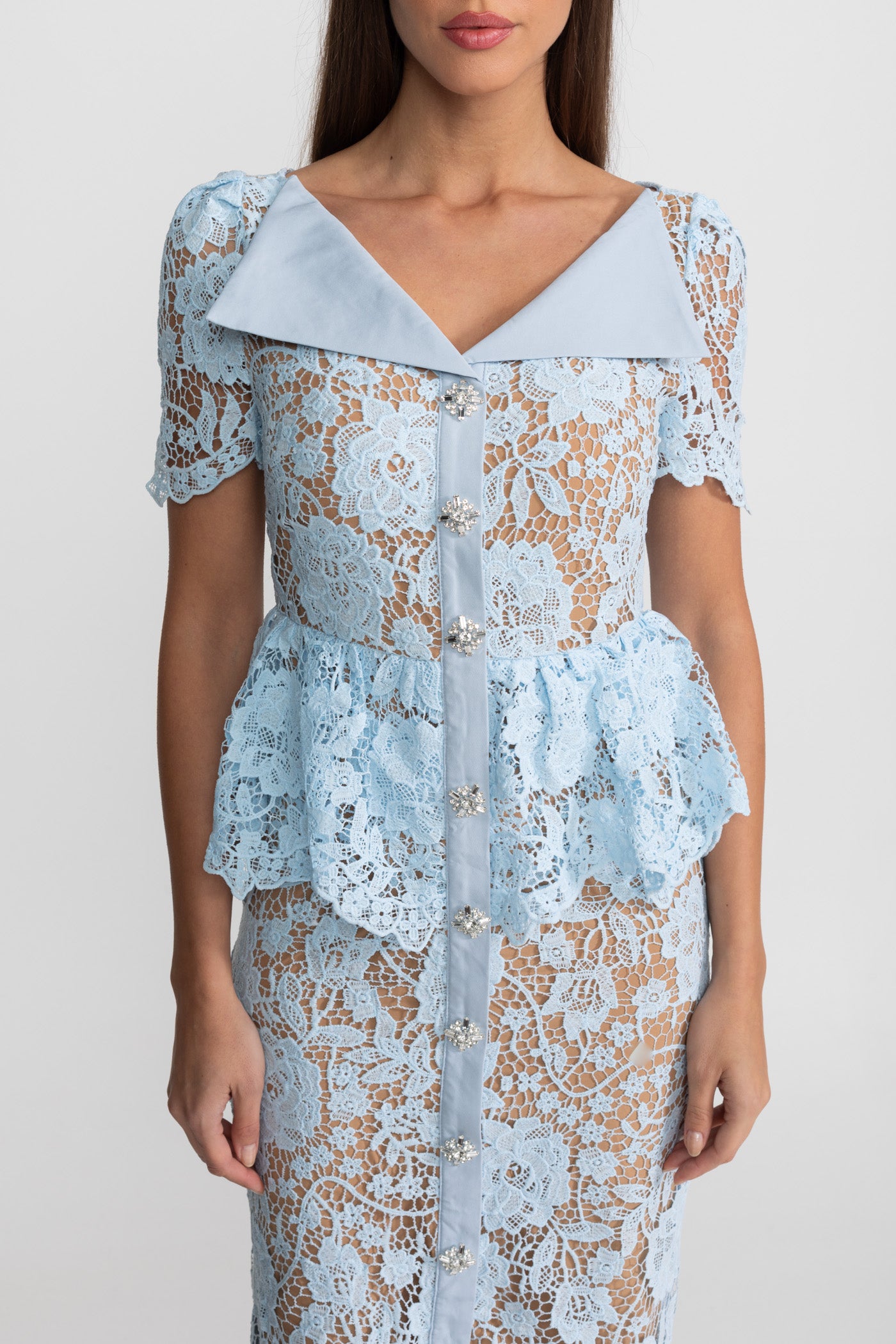Lace Midi Dress with Peplum Waist and Satin Collar - Baby Blue