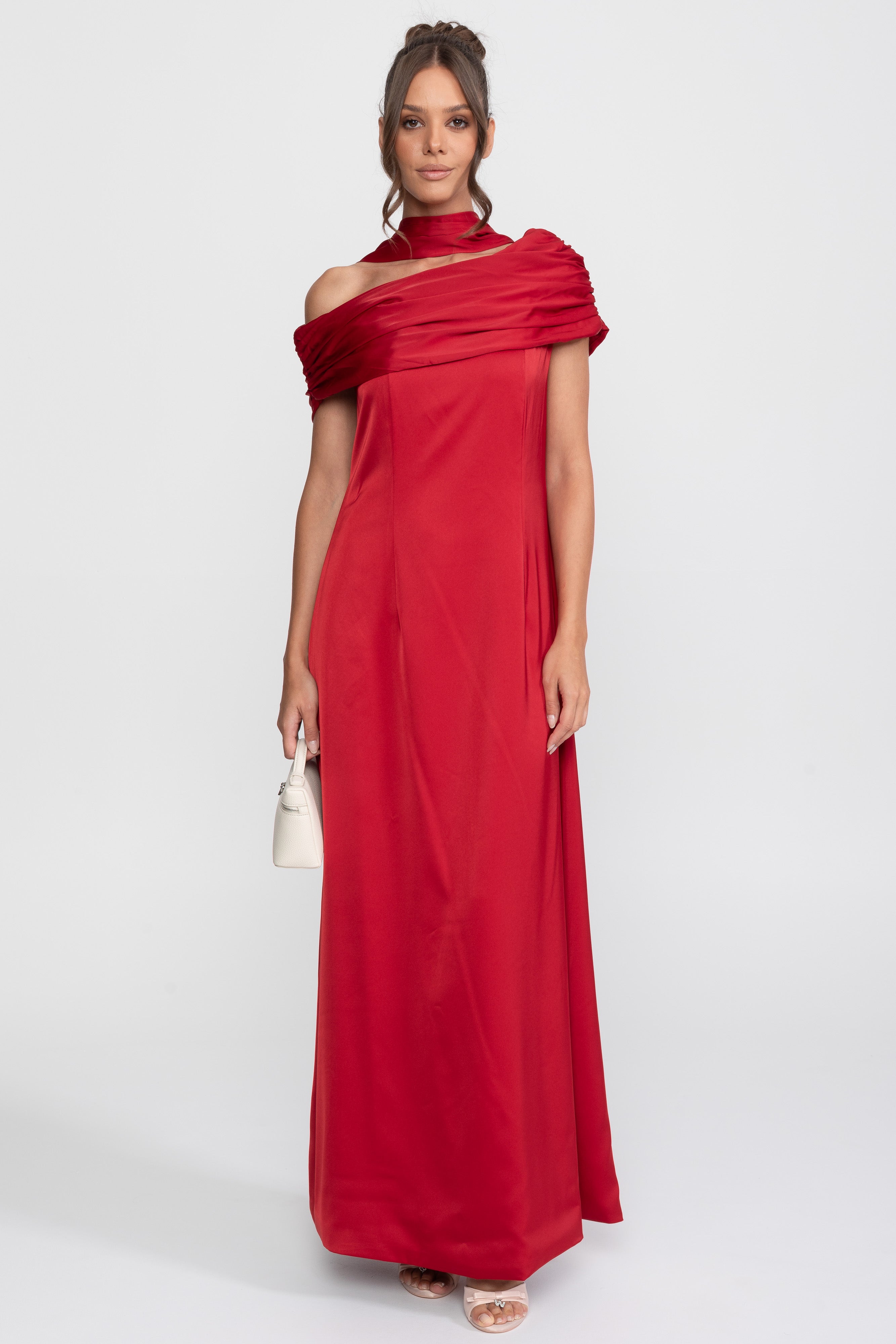 One-Shoulder Draped Satin Gown With Ruched Wrap - Red