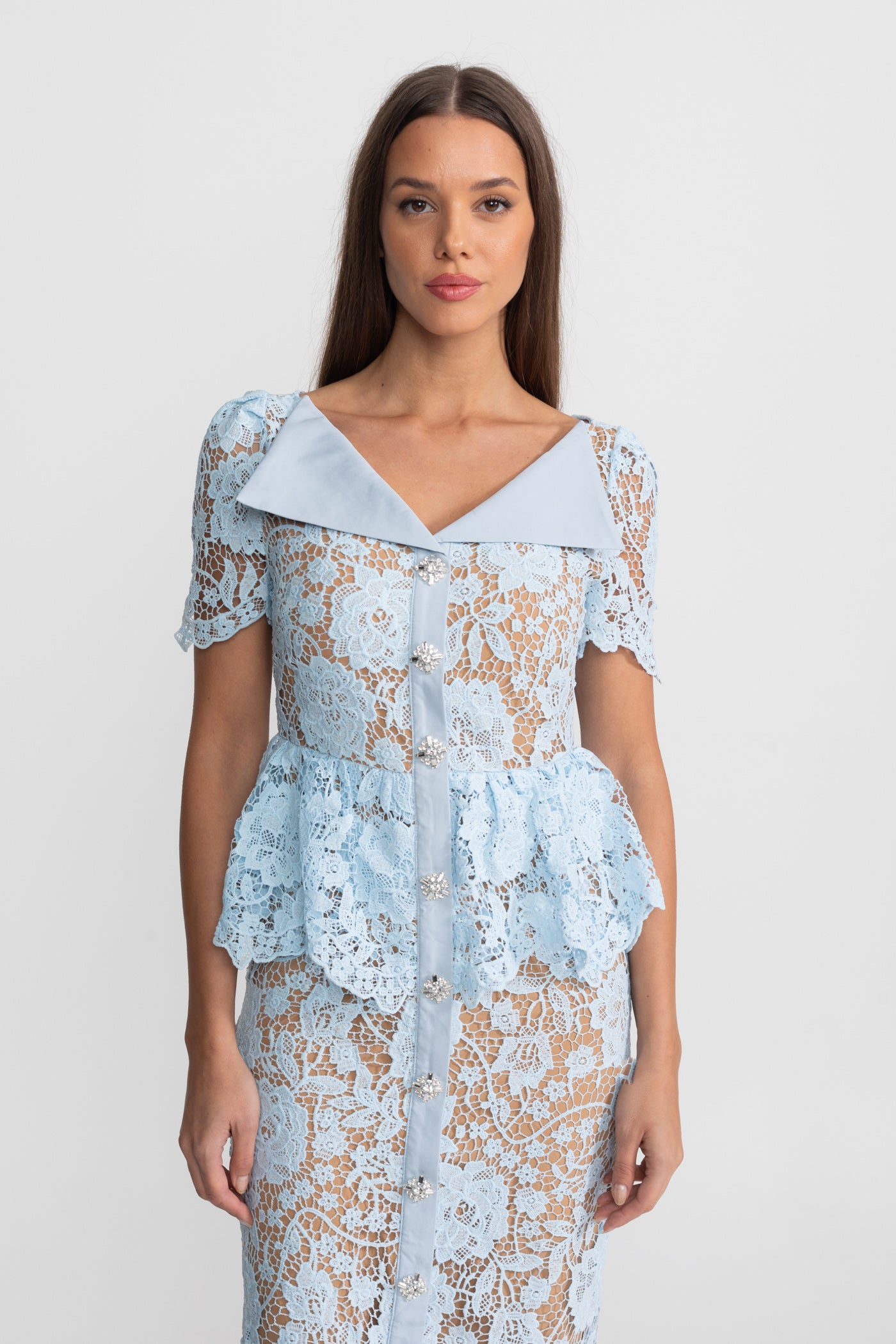 Lace Midi Dress with Peplum Waist and Satin Collar - Baby Blue