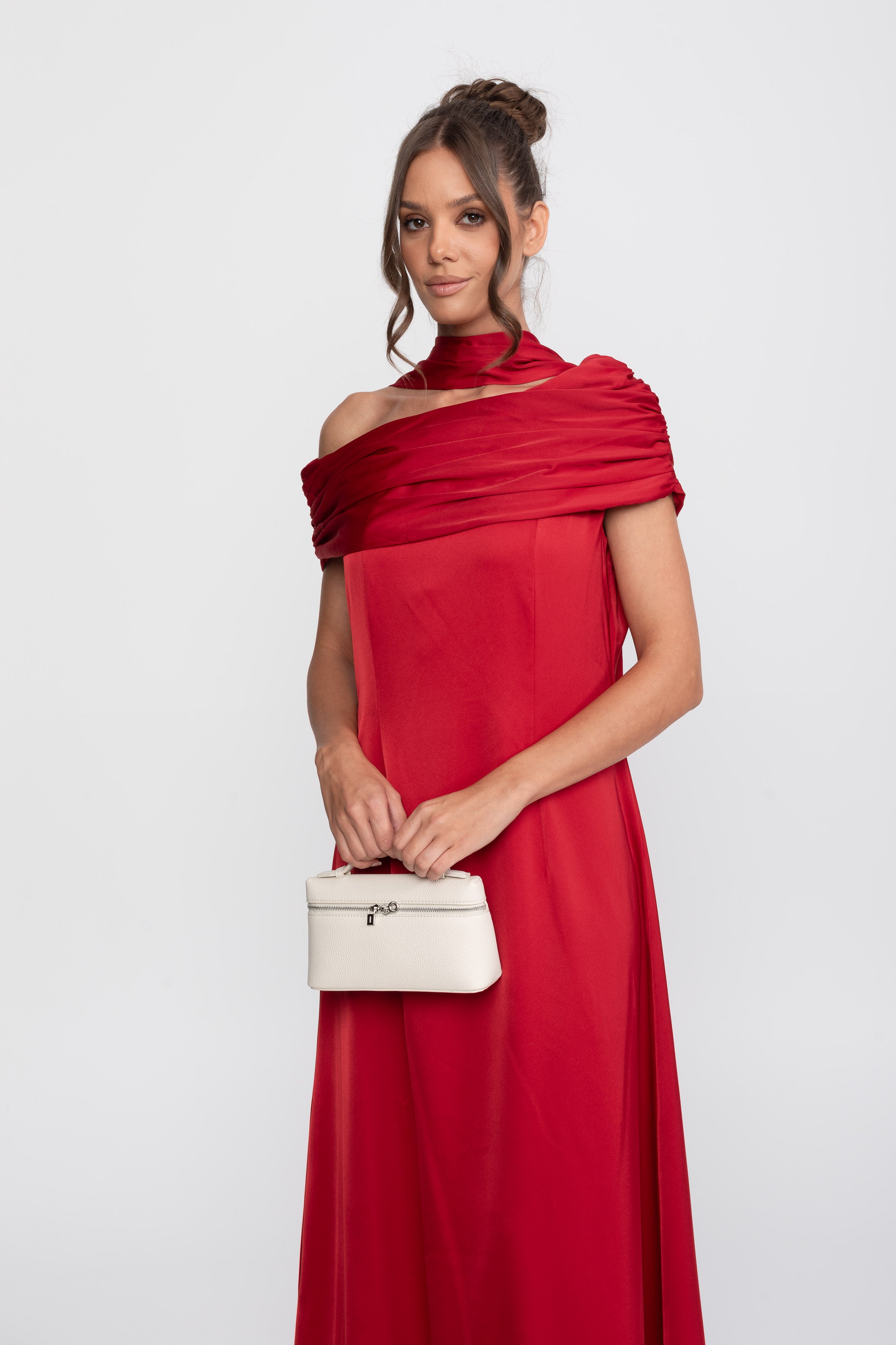 One-Shoulder Draped Satin Gown With Ruched Wrap - Red