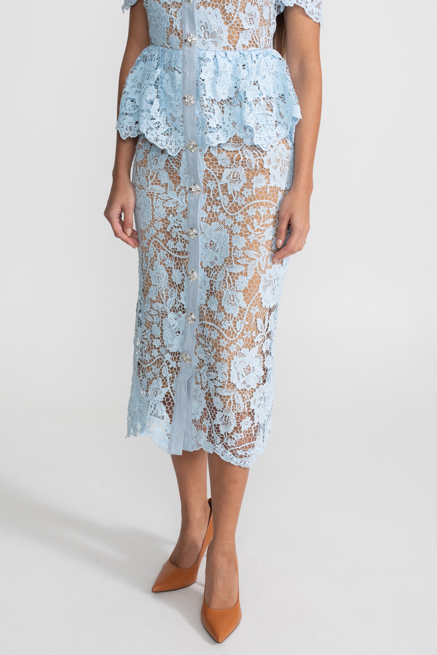 Lace Midi Dress with Peplum Waist and Satin Collar - Baby Blue