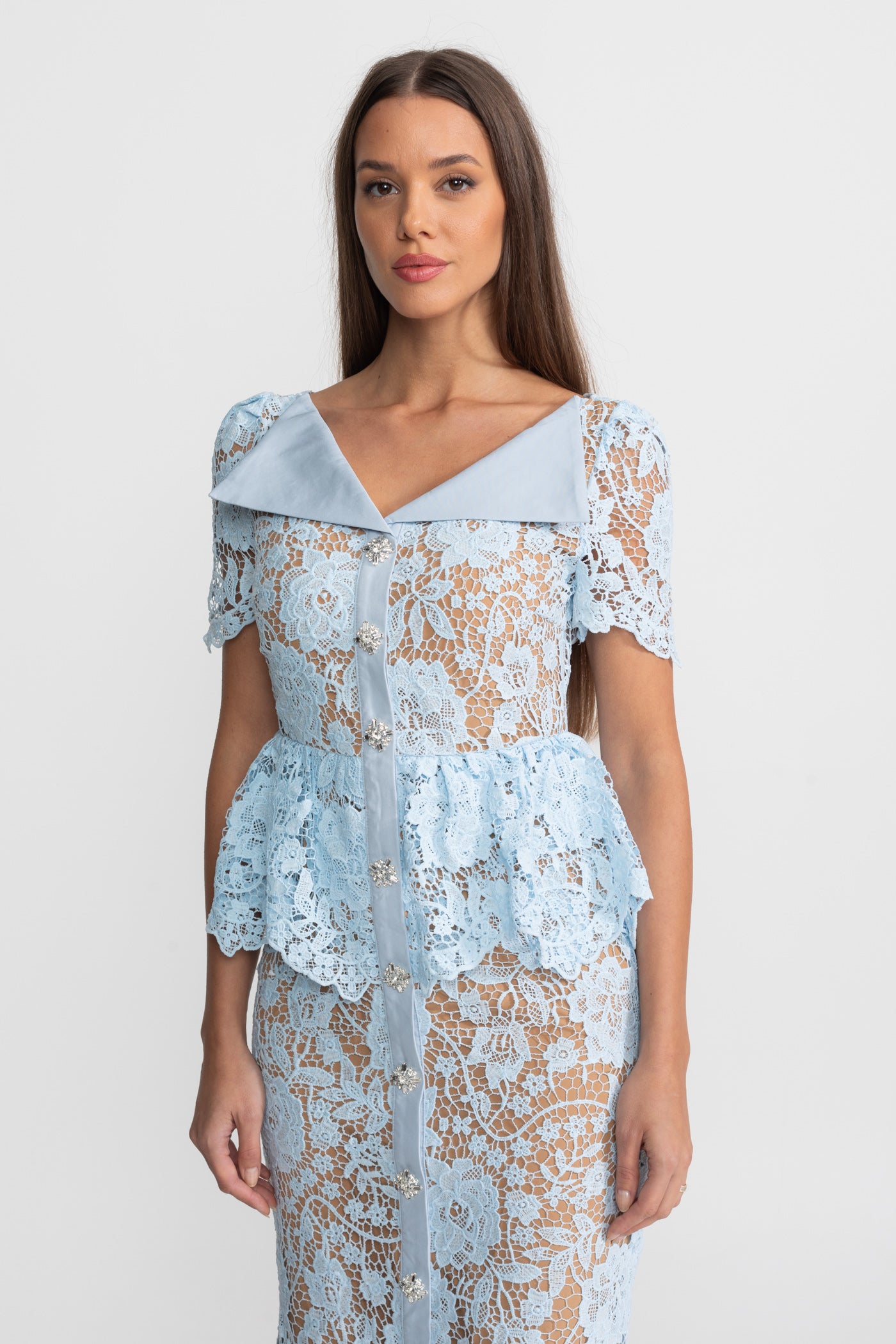 Lace Midi Dress with Peplum Waist and Satin Collar - Baby Blue