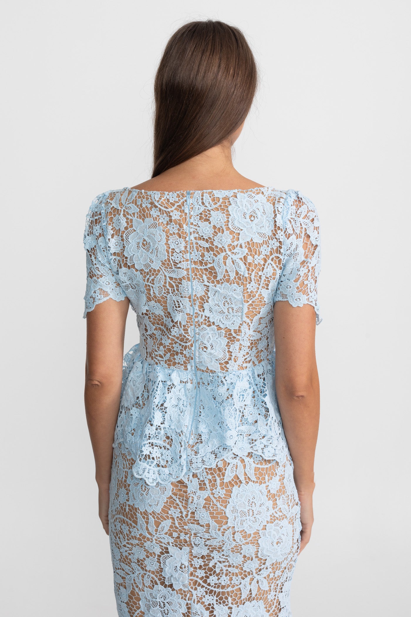 Lace Midi Dress with Peplum Waist and Satin Collar - Baby Blue