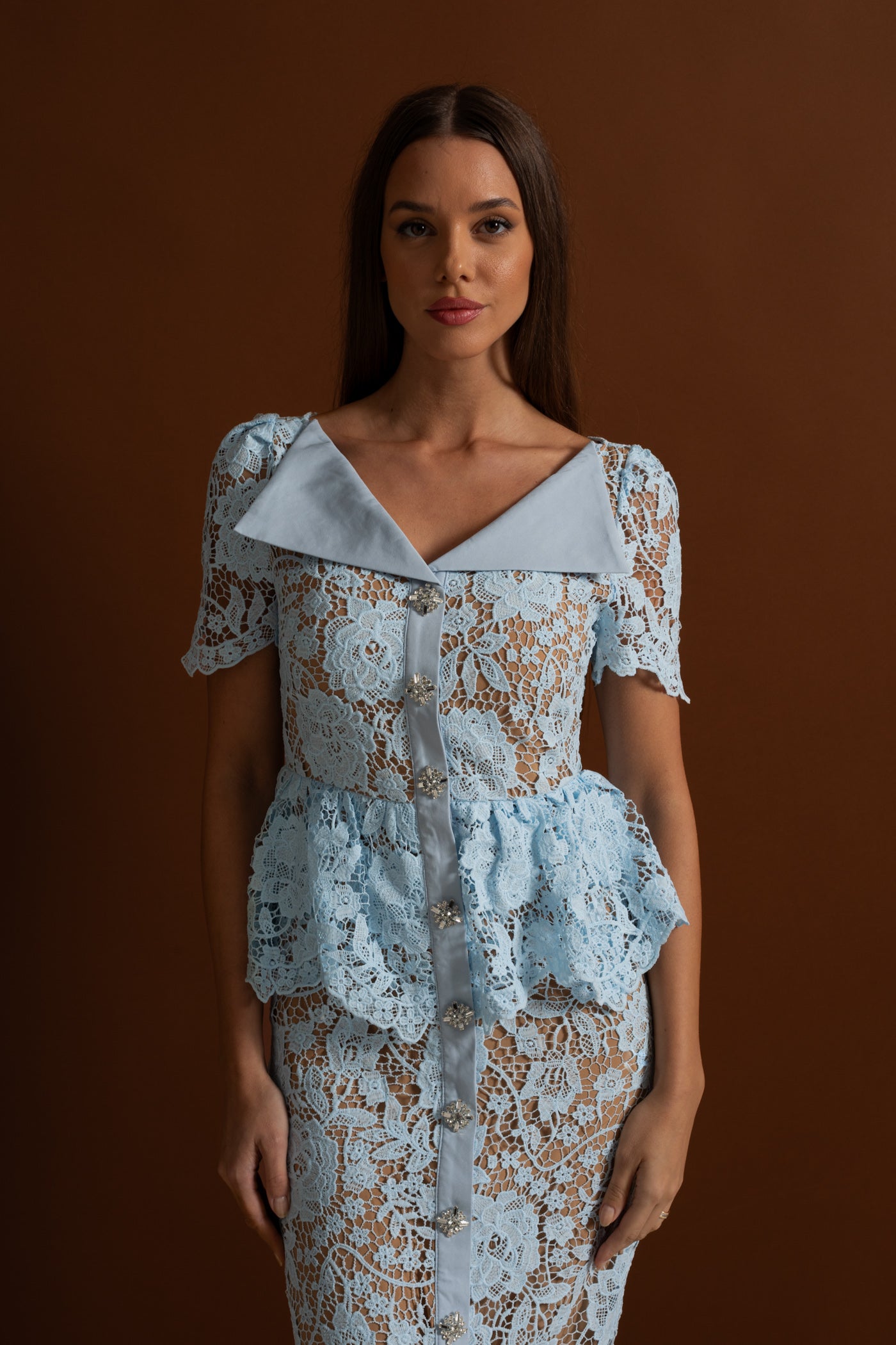 Lace Midi Dress with Peplum Waist and Satin Collar - Baby Blue