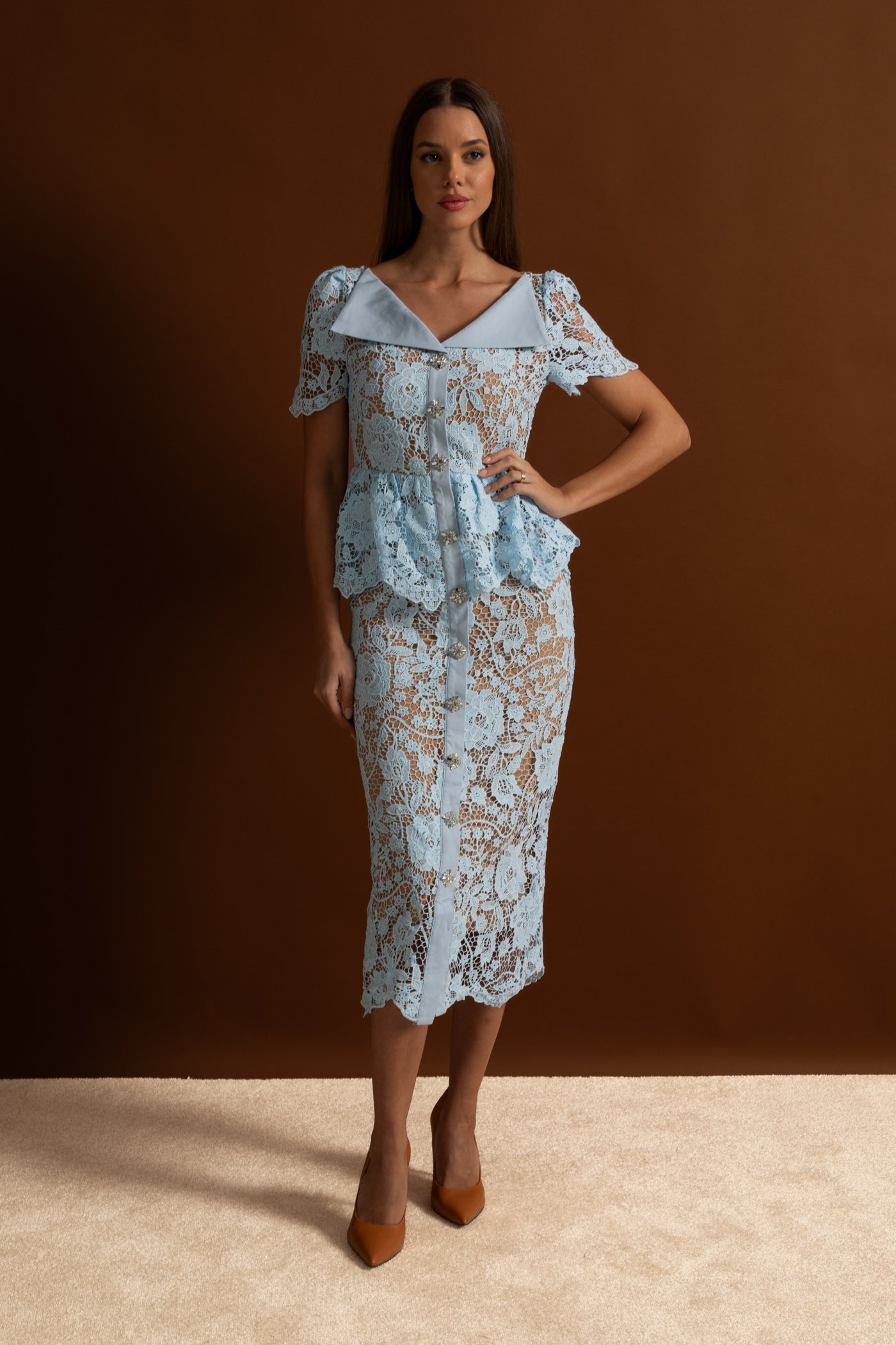 Lace Midi Dress with Peplum Waist and Satin Collar - Baby Blue