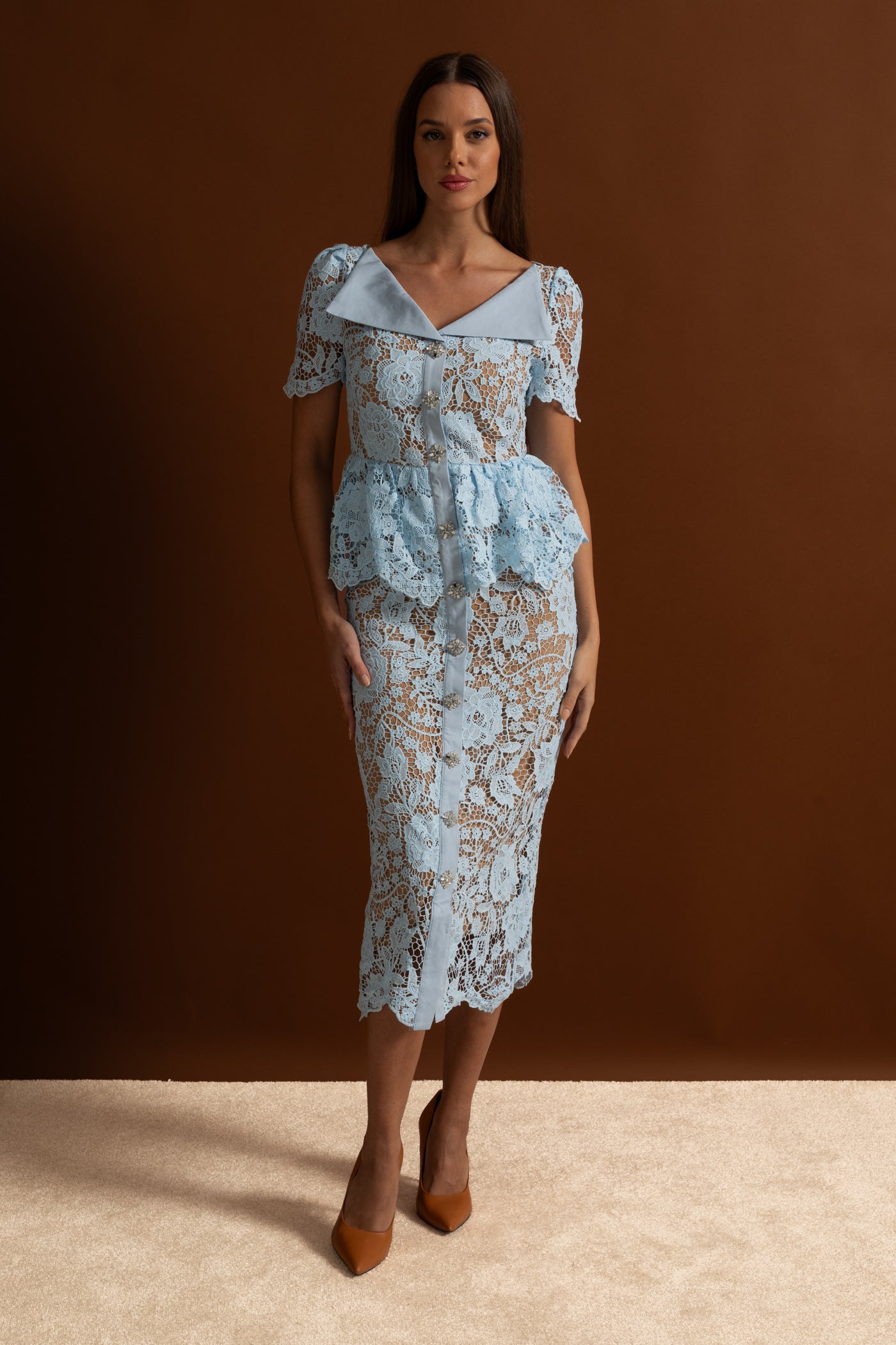 Lace Midi Dress with Peplum Waist and Satin Collar - Baby Blue