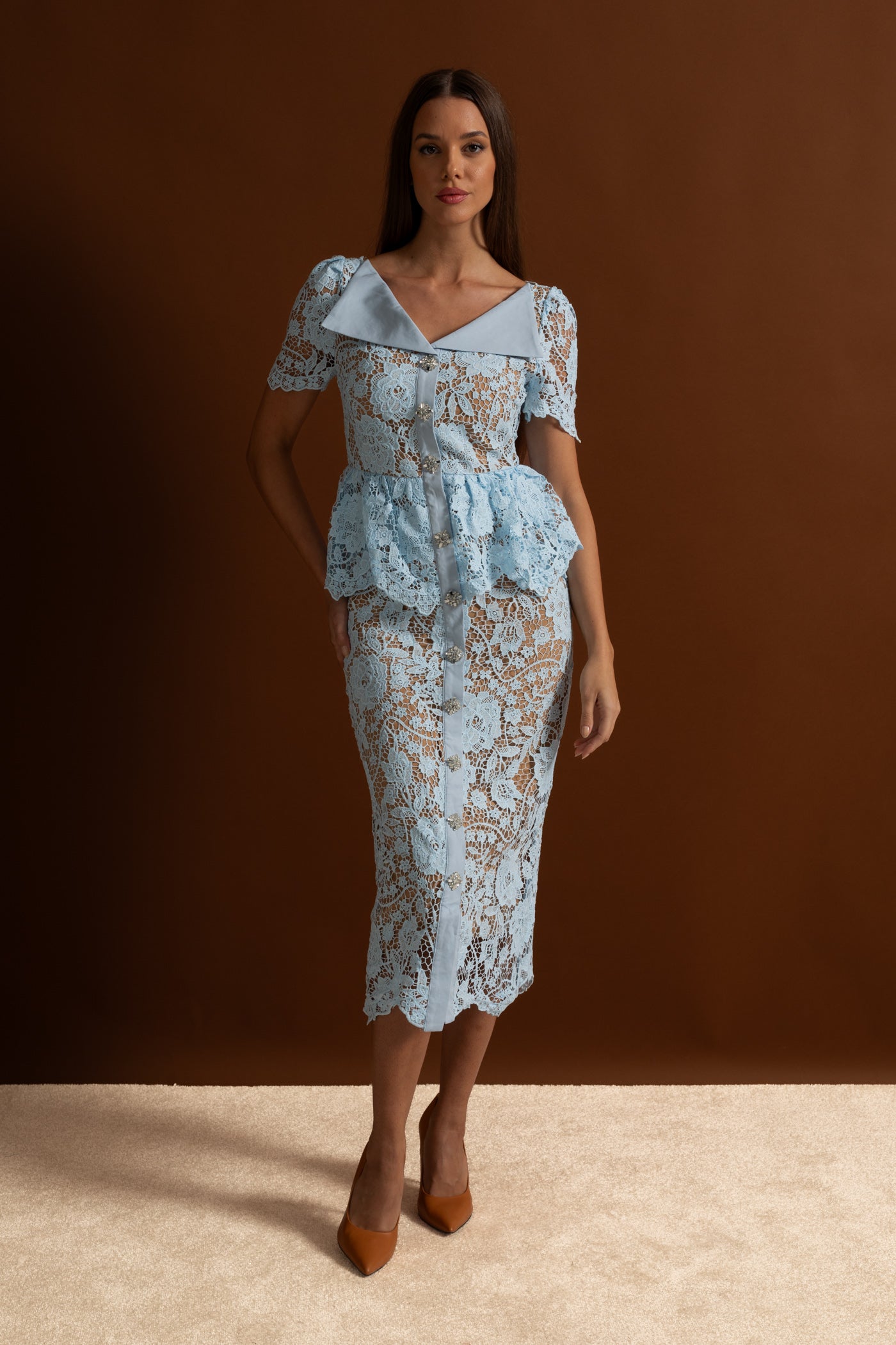 Lace Midi Dress with Peplum Waist and Satin Collar - Baby Blue