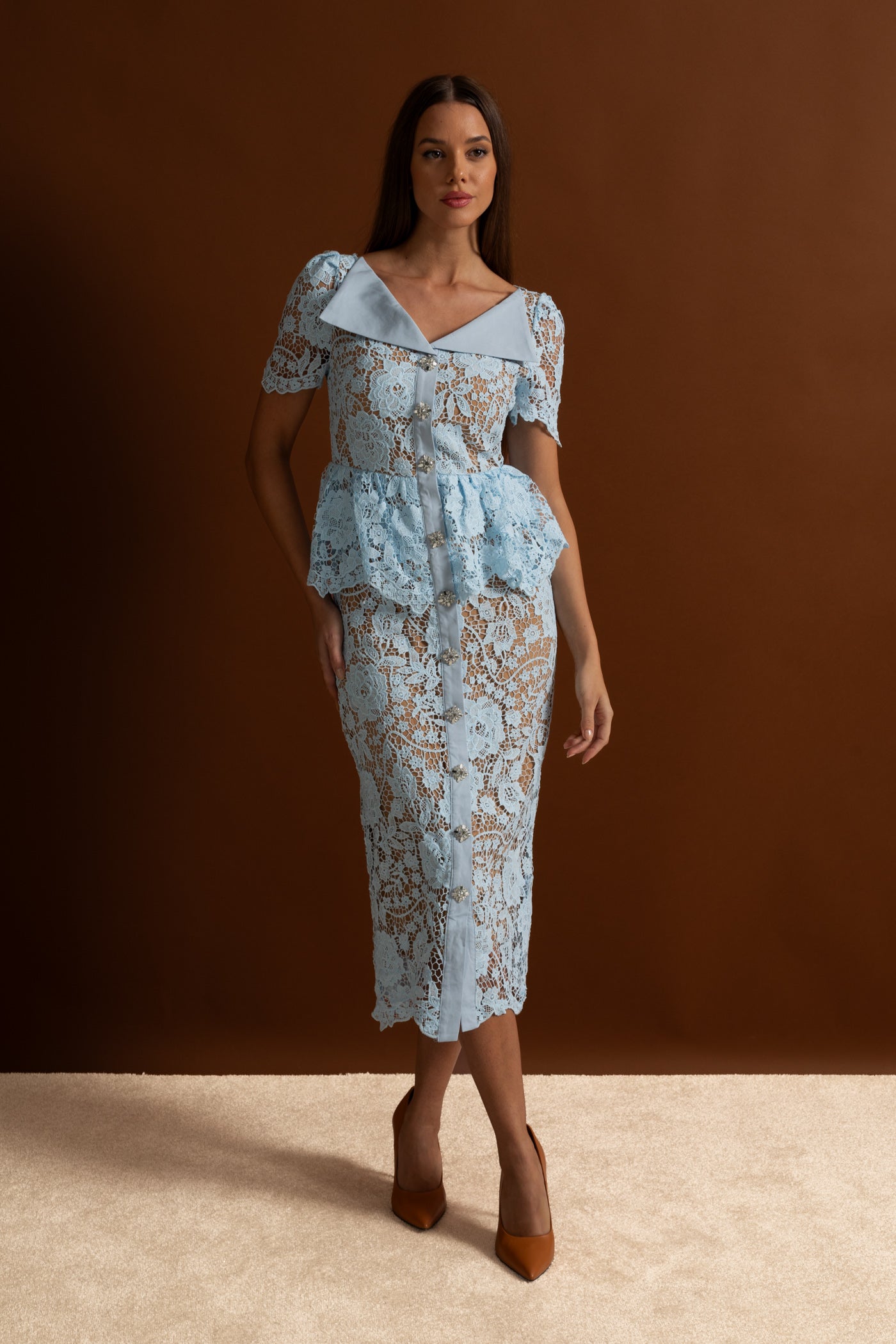 Lace Midi Dress with Peplum Waist and Satin Collar - Baby Blue