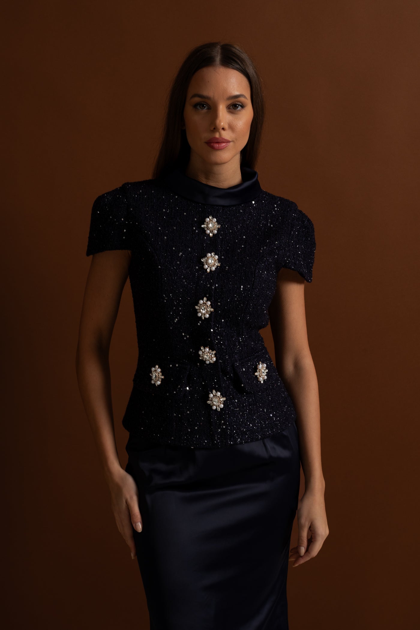 Co-Ord Set with Tweed Embellished Top and Satin Maxi Skirt - Navy