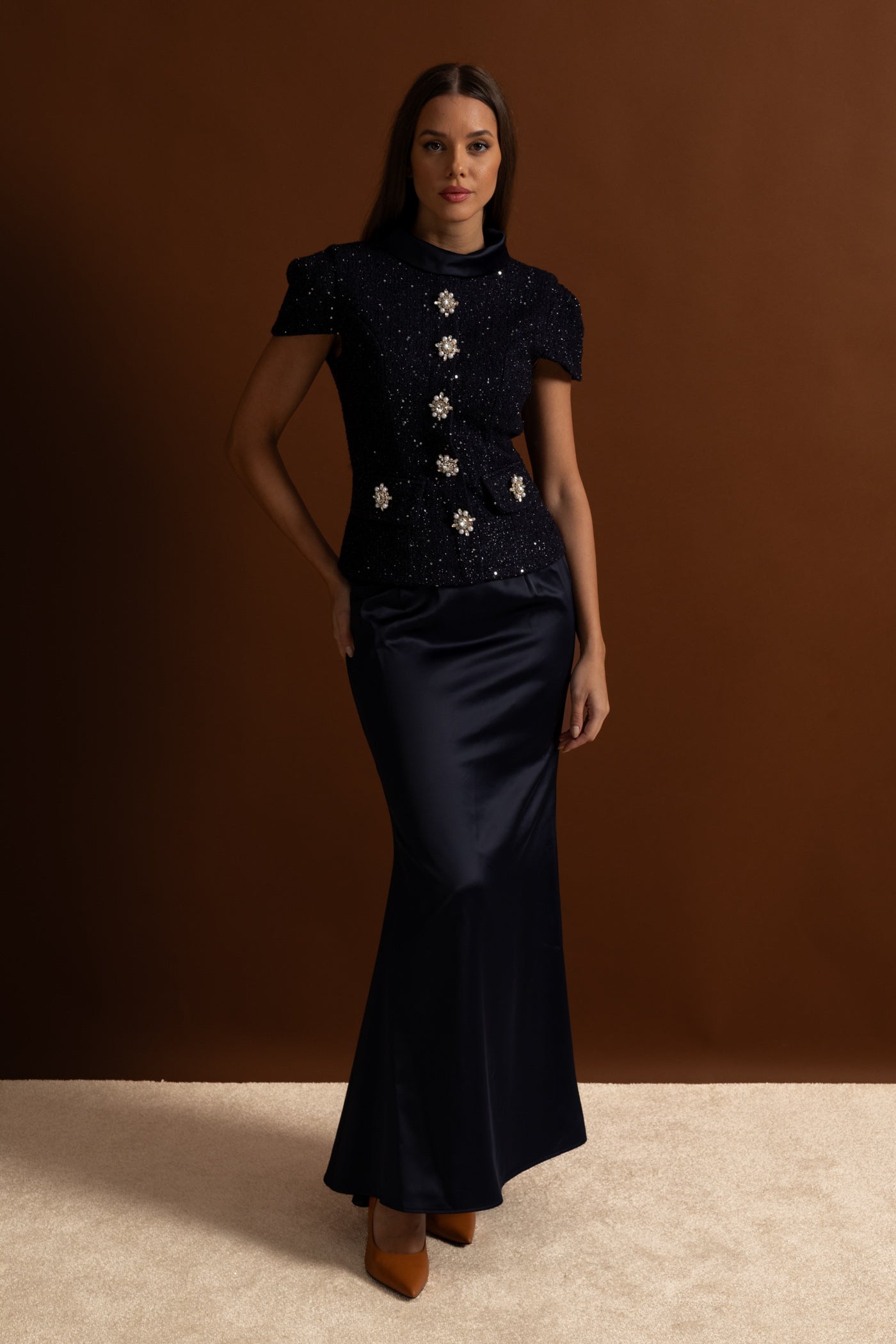 Co-Ord Set with Tweed Embellished Top and Satin Maxi Skirt - Navy