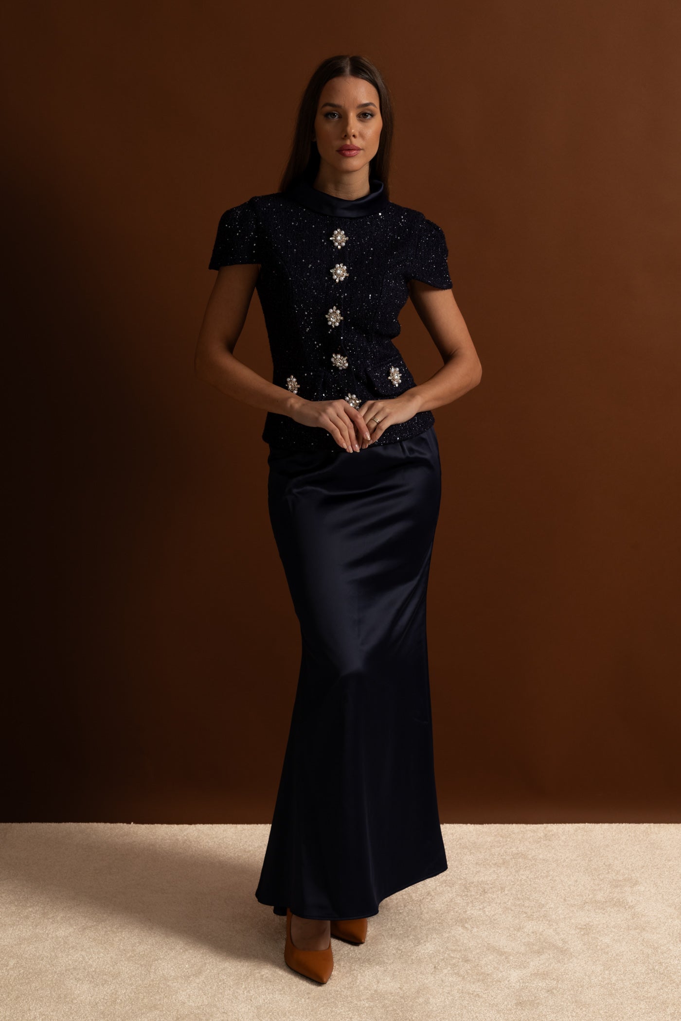 Co-Ord Set with Tweed Embellished Top and Satin Maxi Skirt - Navy