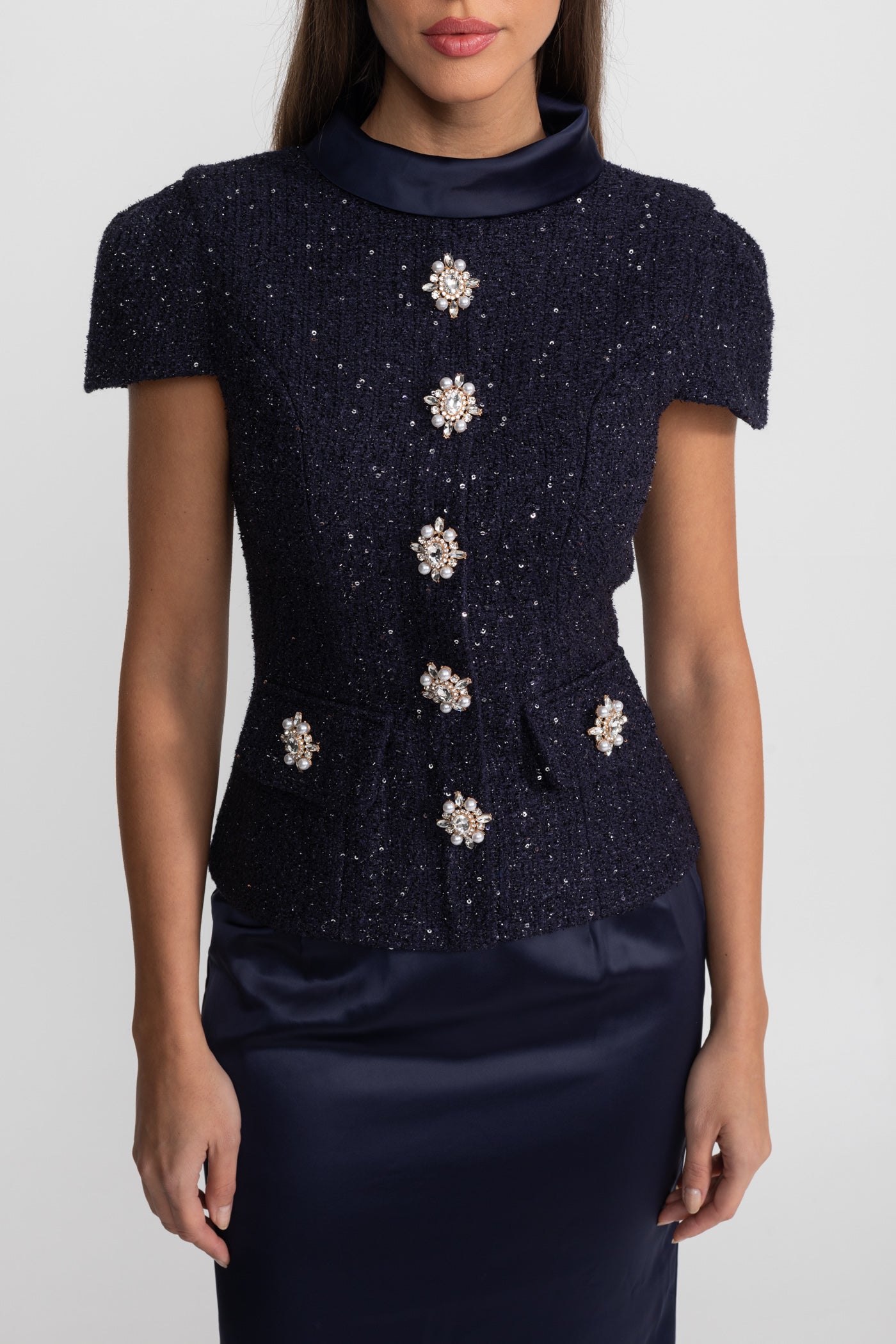 Co-Ord Set with Tweed Embellished Top and Satin Maxi Skirt - Navy