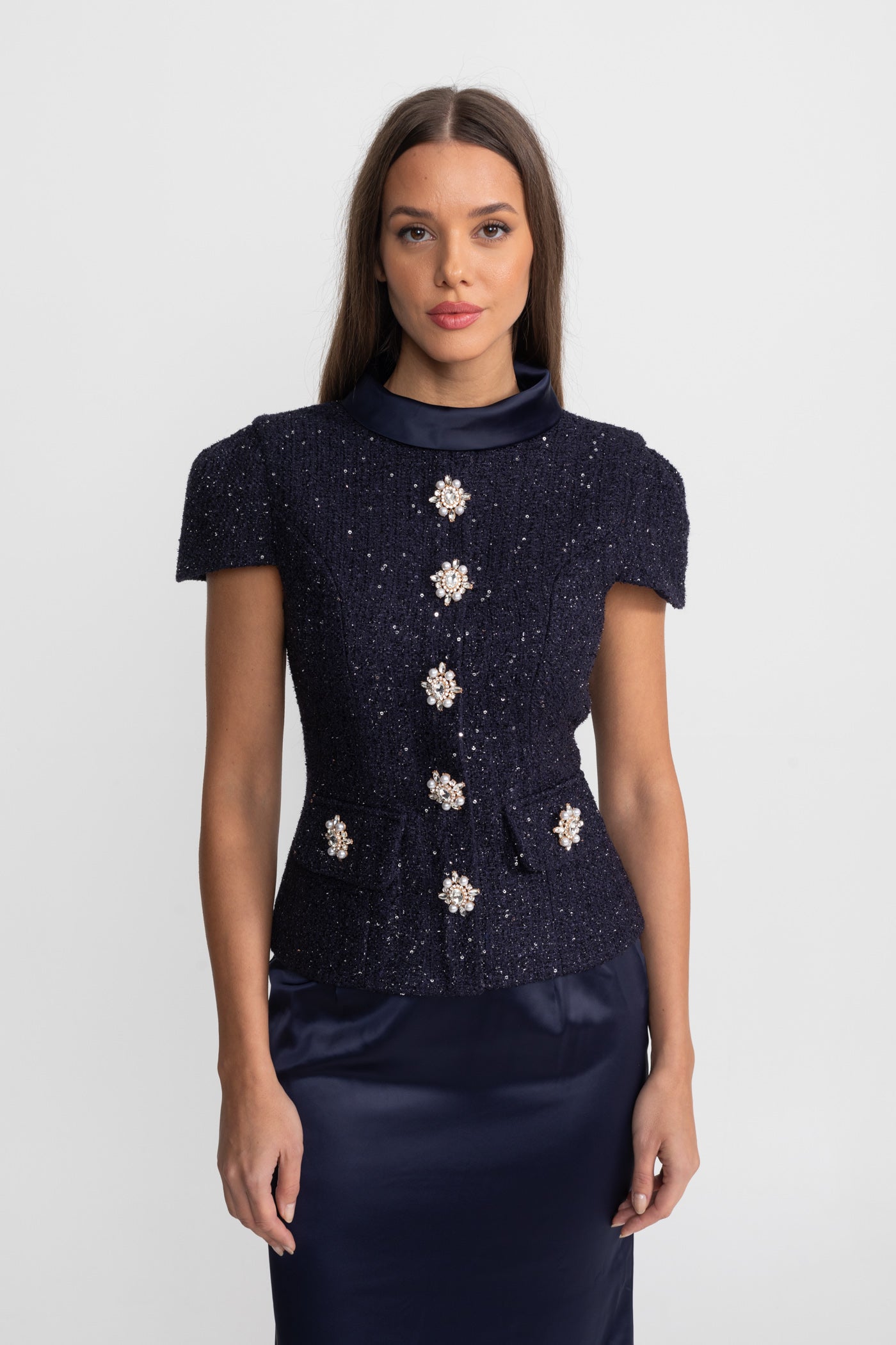 Co-Ord Set with Tweed Embellished Top and Satin Maxi Skirt - Navy