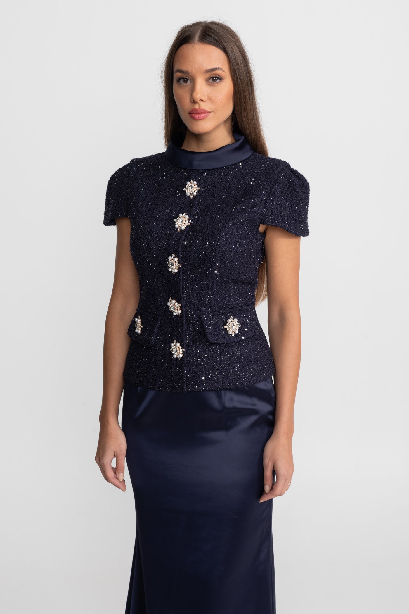 Co-Ord Set with Tweed Embellished Top and Satin Maxi Skirt - Navy
