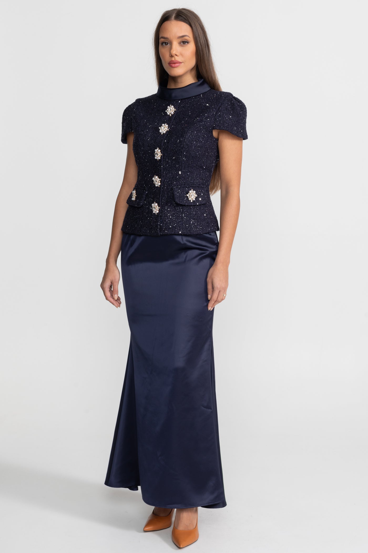 Co-Ord Set with Tweed Embellished Top and Satin Maxi Skirt - Navy