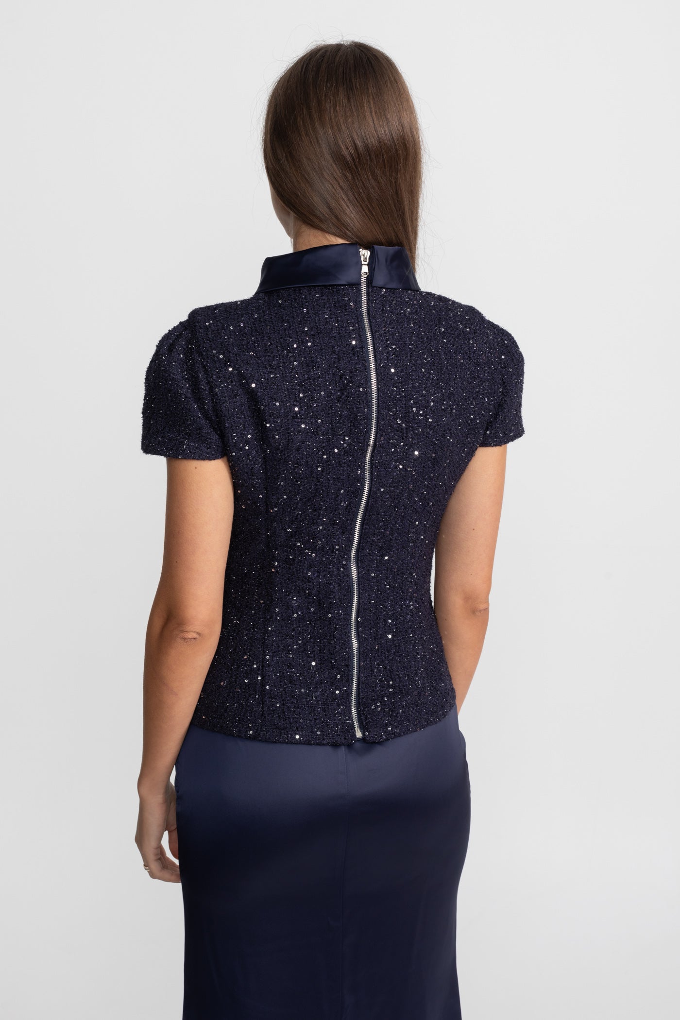 Co-Ord Set with Tweed Embellished Top and Satin Maxi Skirt - Navy