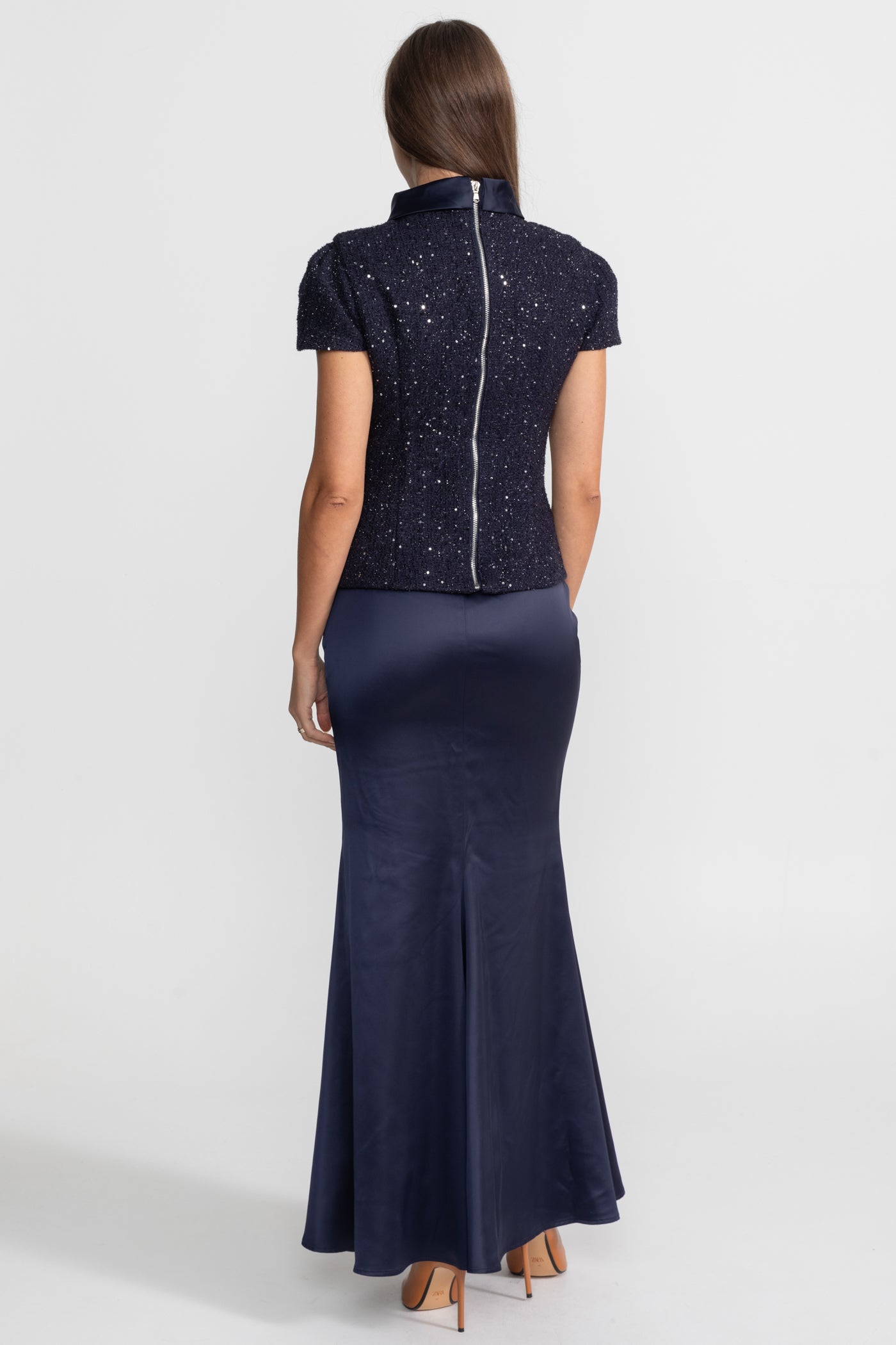 Co-Ord Set with Tweed Embellished Top and Satin Maxi Skirt - Navy