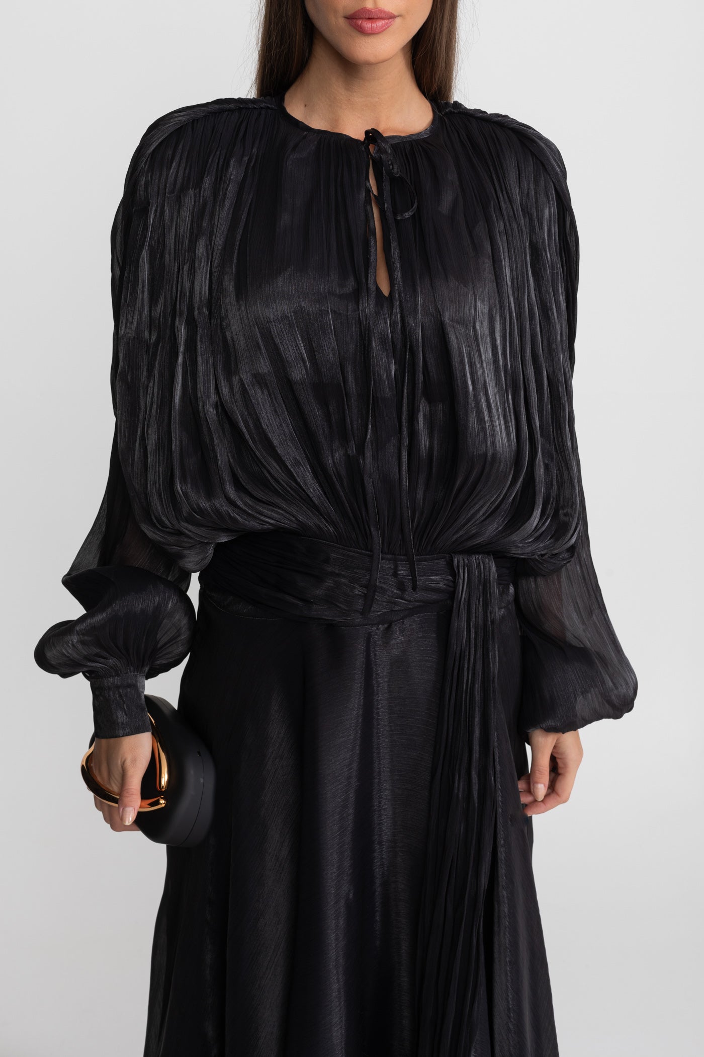 Maxi Dress with Pleated Bodice and Draped Skirt - Black