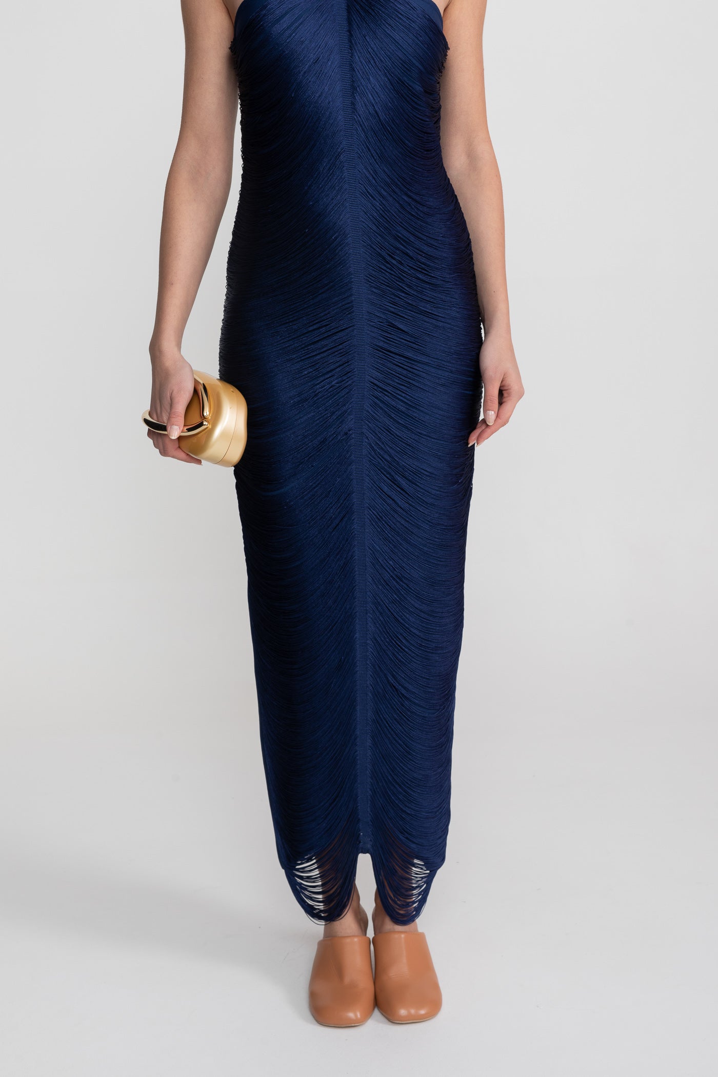 Halter Neck Midi Dress With All-Over Pleated Texture - Blue