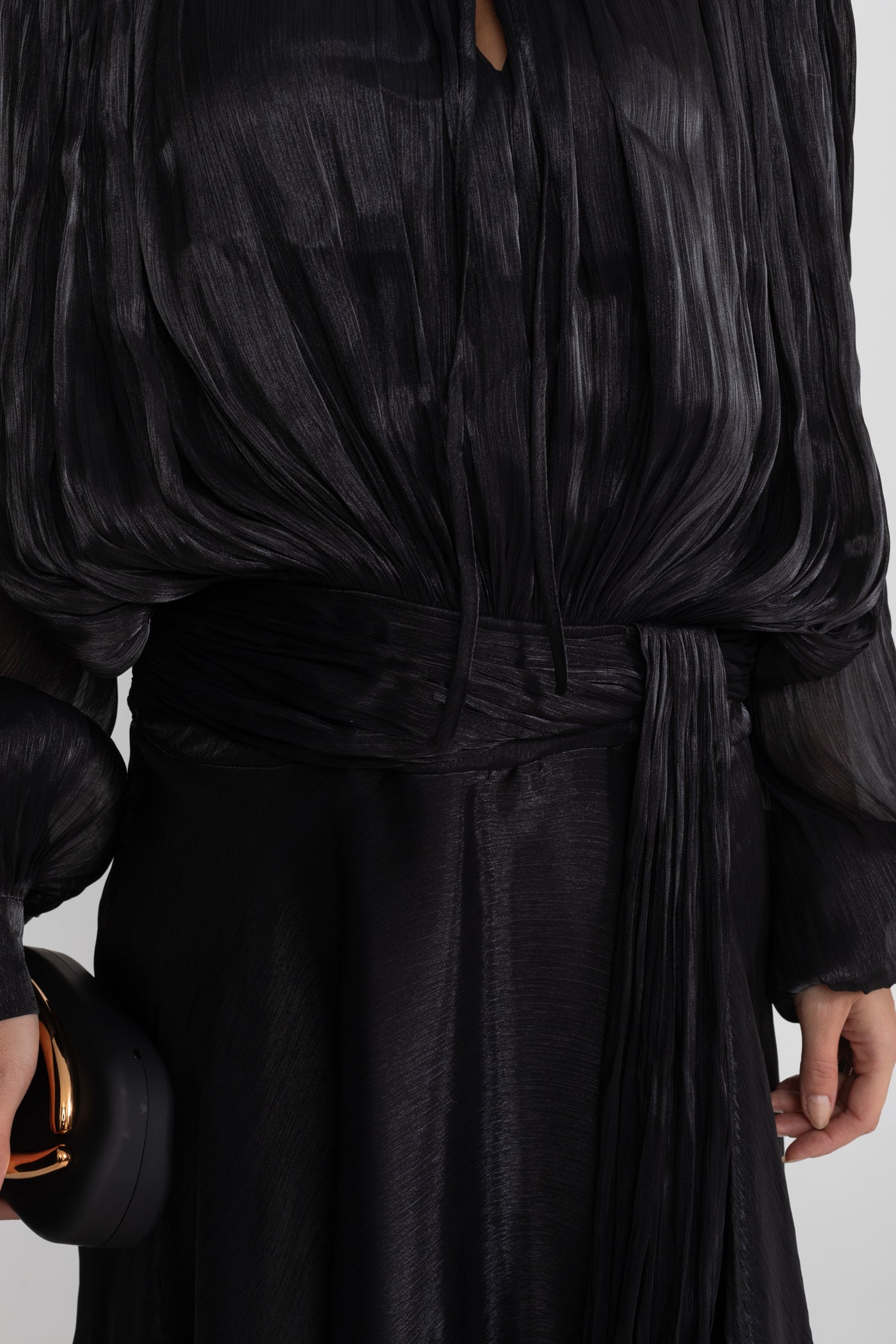 Maxi Dress with Pleated Bodice and Draped Skirt - Black