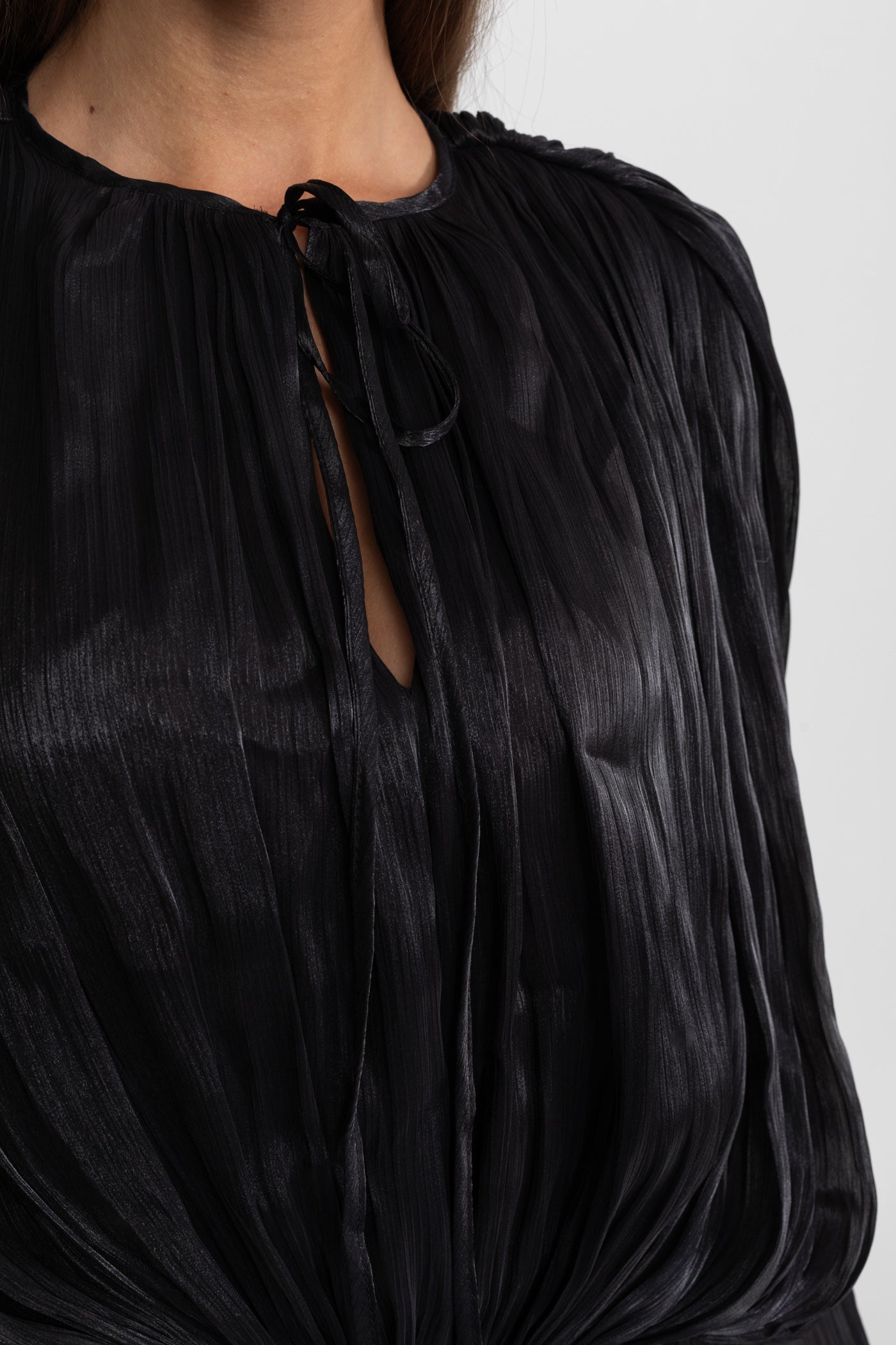 Maxi Dress with Pleated Bodice and Draped Skirt - Black