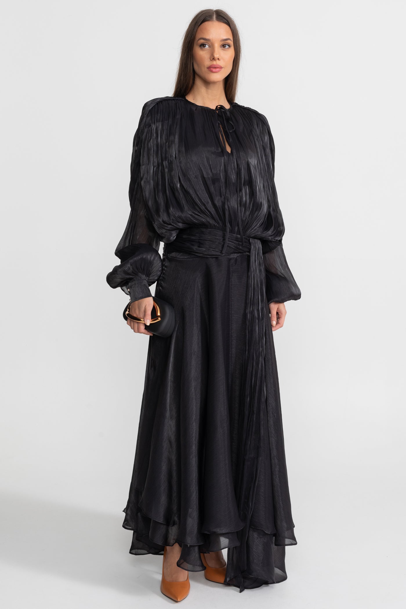 Maxi Dress with Pleated Bodice and Draped Skirt - Black