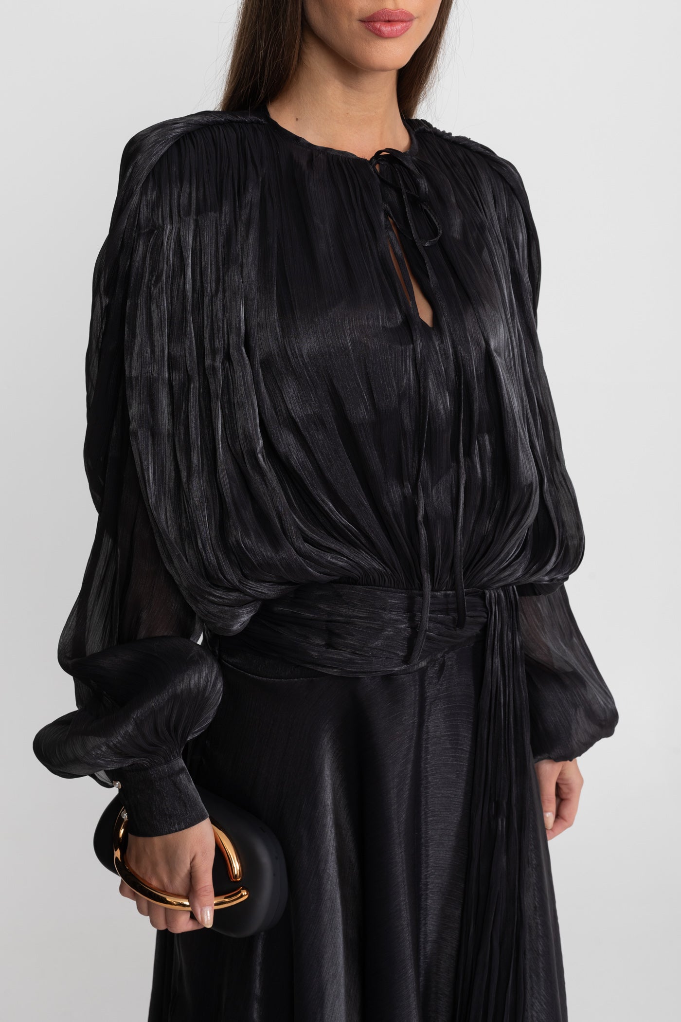 Maxi Dress with Pleated Bodice and Draped Skirt - Black