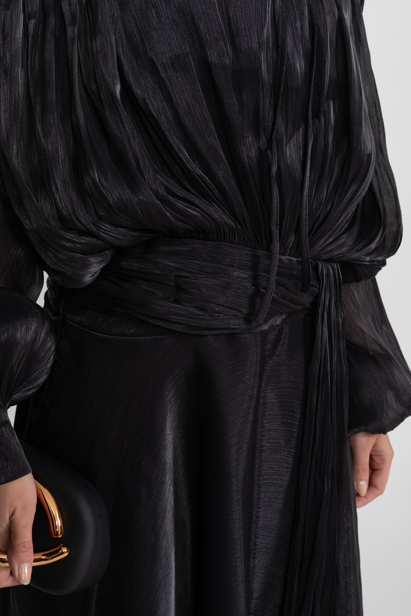 Maxi Dress with Pleated Bodice and Draped Skirt - Black