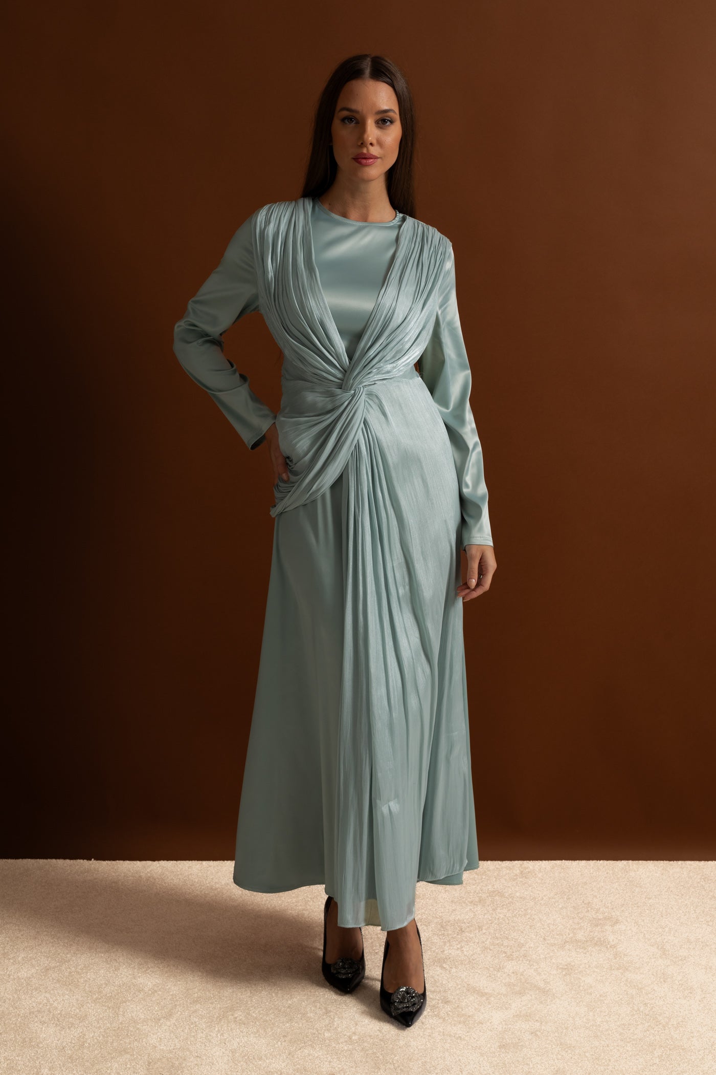 Satin Midi Dress with Draped Overlay and Knot Detail - Teal