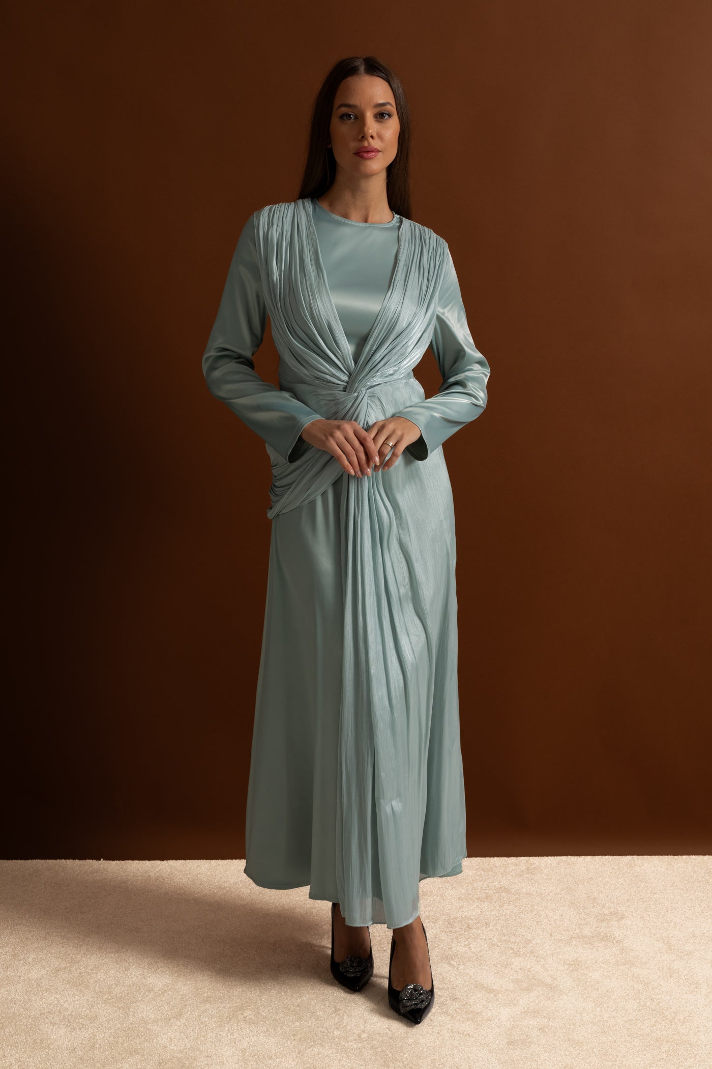 Satin Midi Dress with Draped Overlay and Knot Detail - Teal