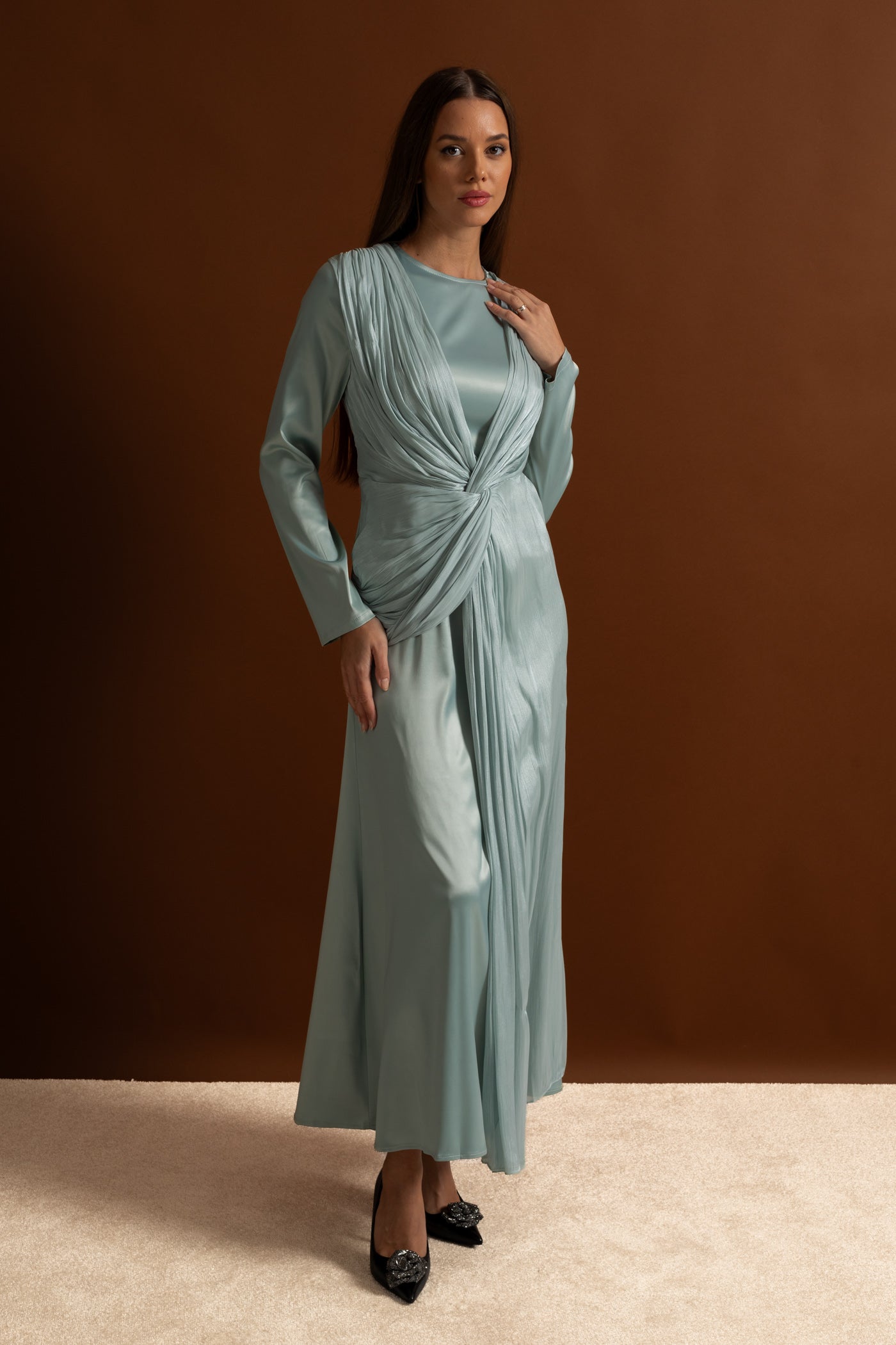 Satin Midi Dress with Draped Overlay and Knot Detail - Teal
