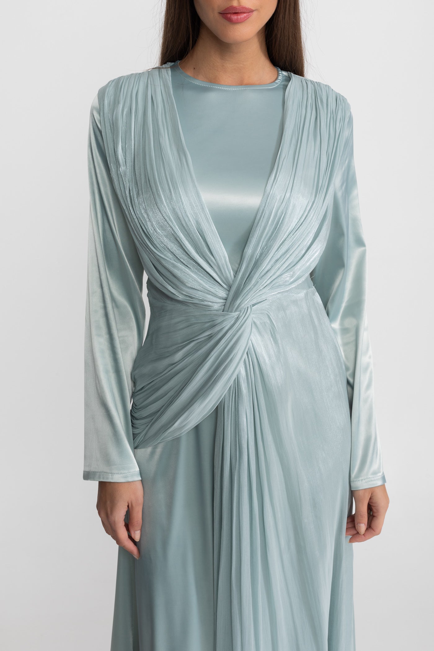 Satin Midi Dress with Draped Overlay and Knot Detail - Teal