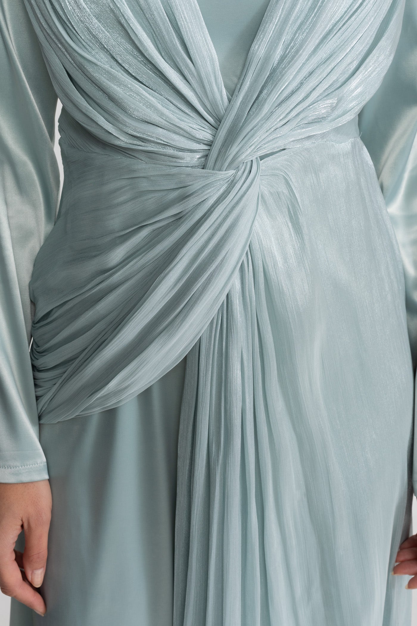 Satin Midi Dress with Draped Overlay and Knot Detail - Teal