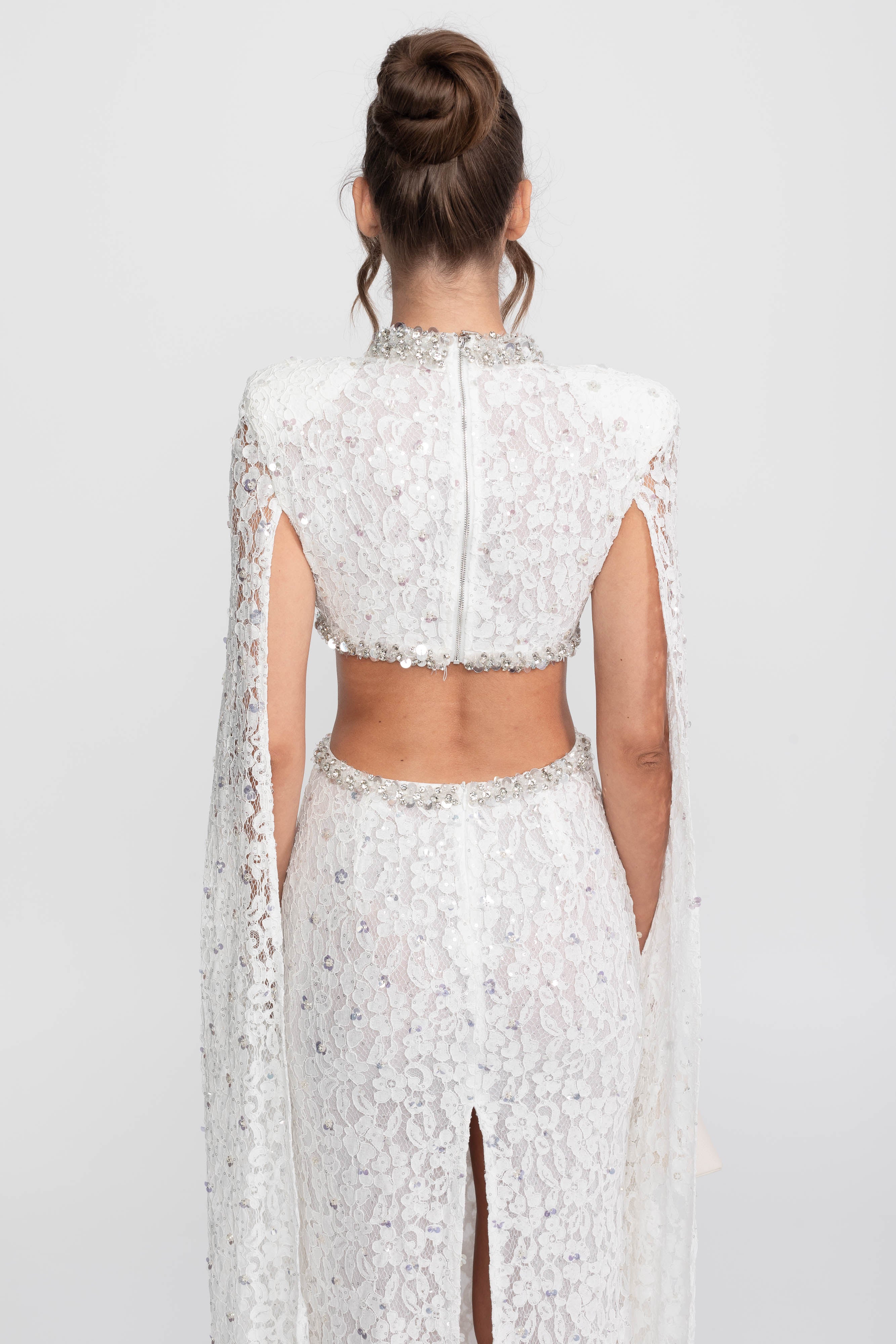 Crystal Cutout Lace Gown With Sequin Embellishments - White