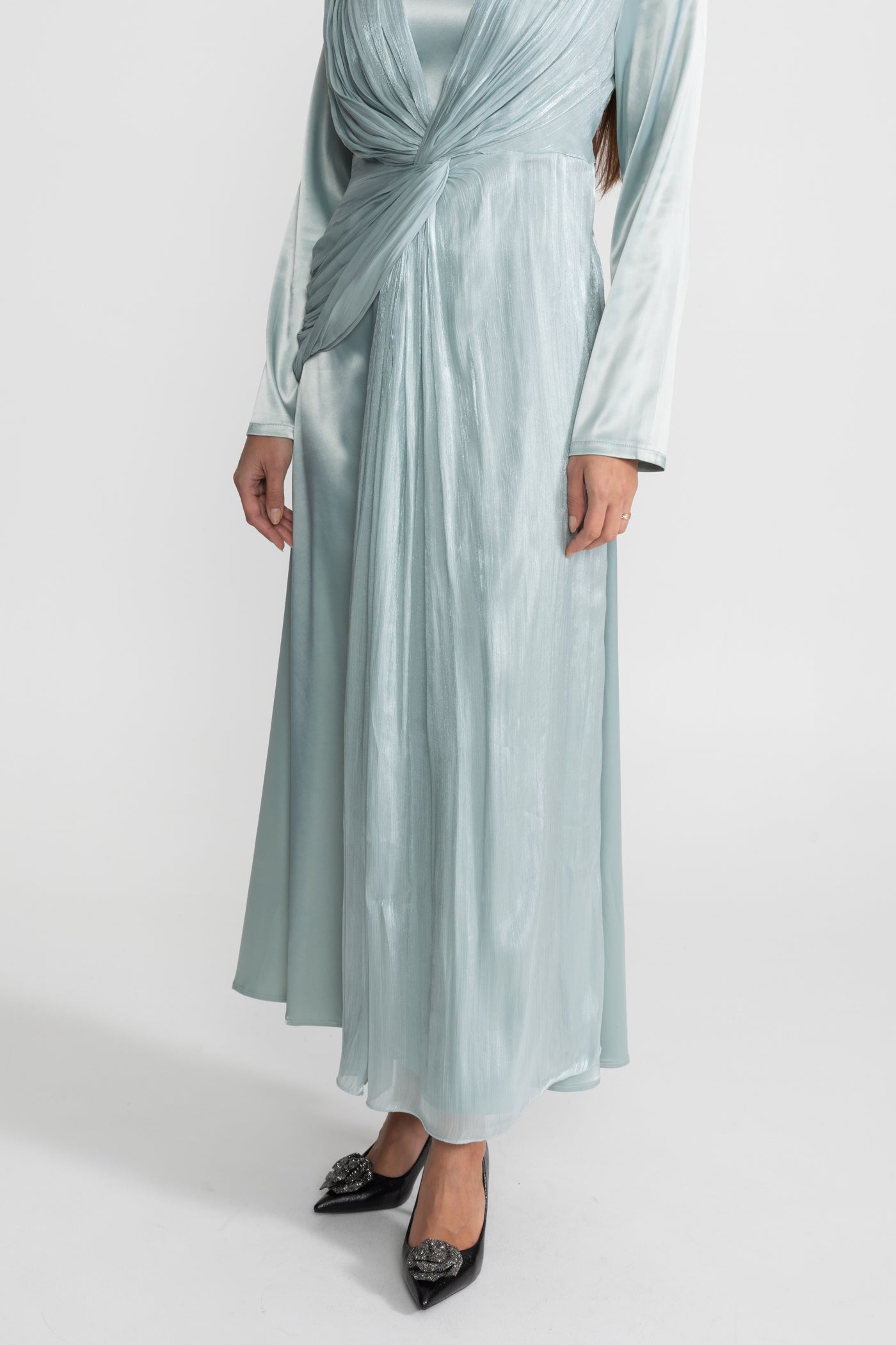 Satin Midi Dress with Draped Overlay and Knot Detail - Teal
