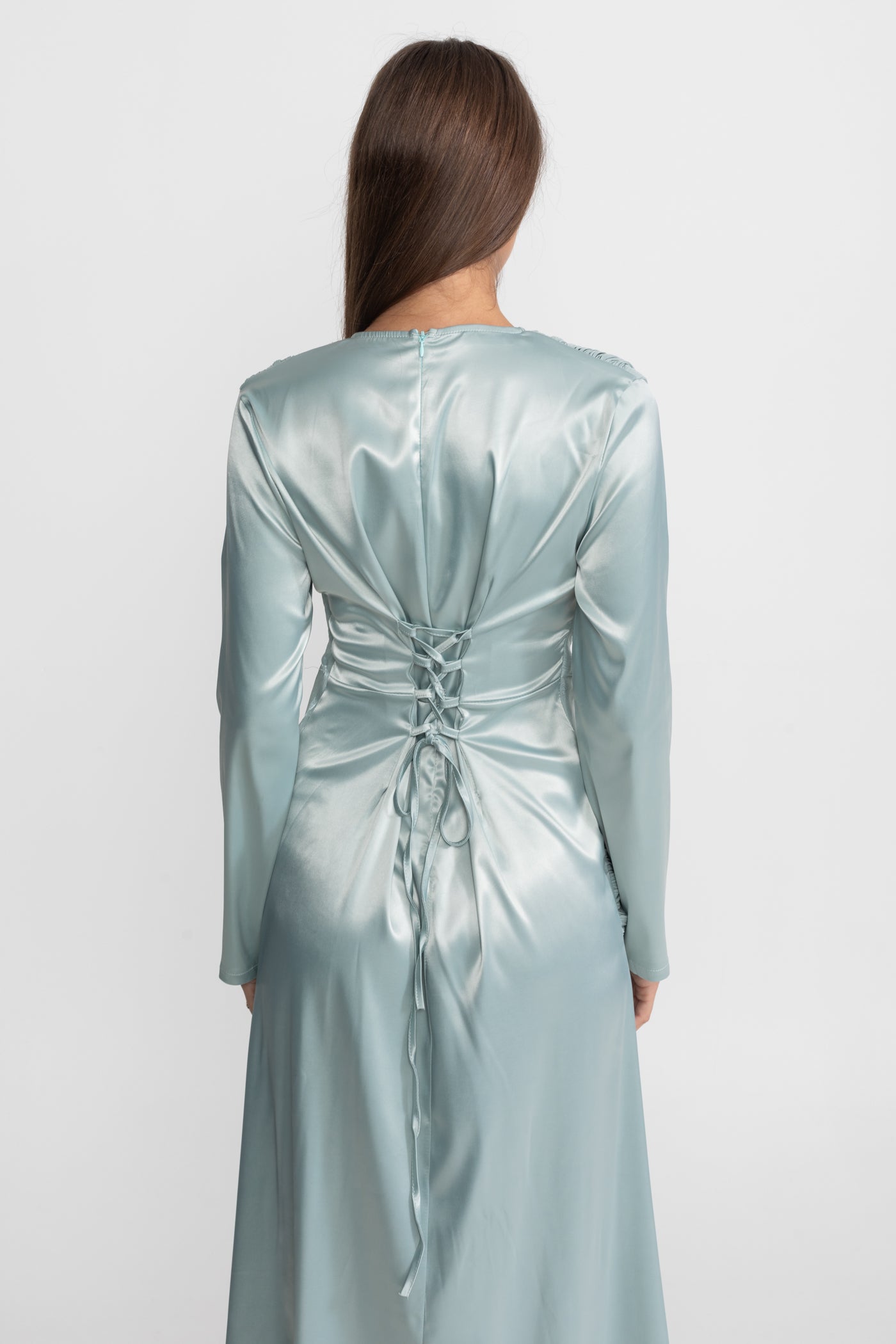 Satin Midi Dress with Draped Overlay and Knot Detail - Teal
