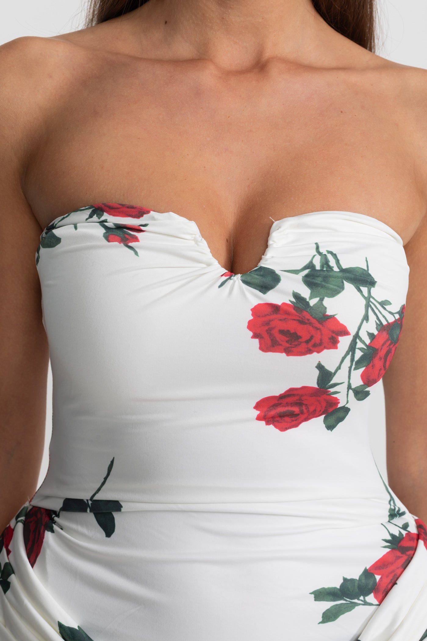 Strapless Floral Mini Dress with Draped Skirt - White