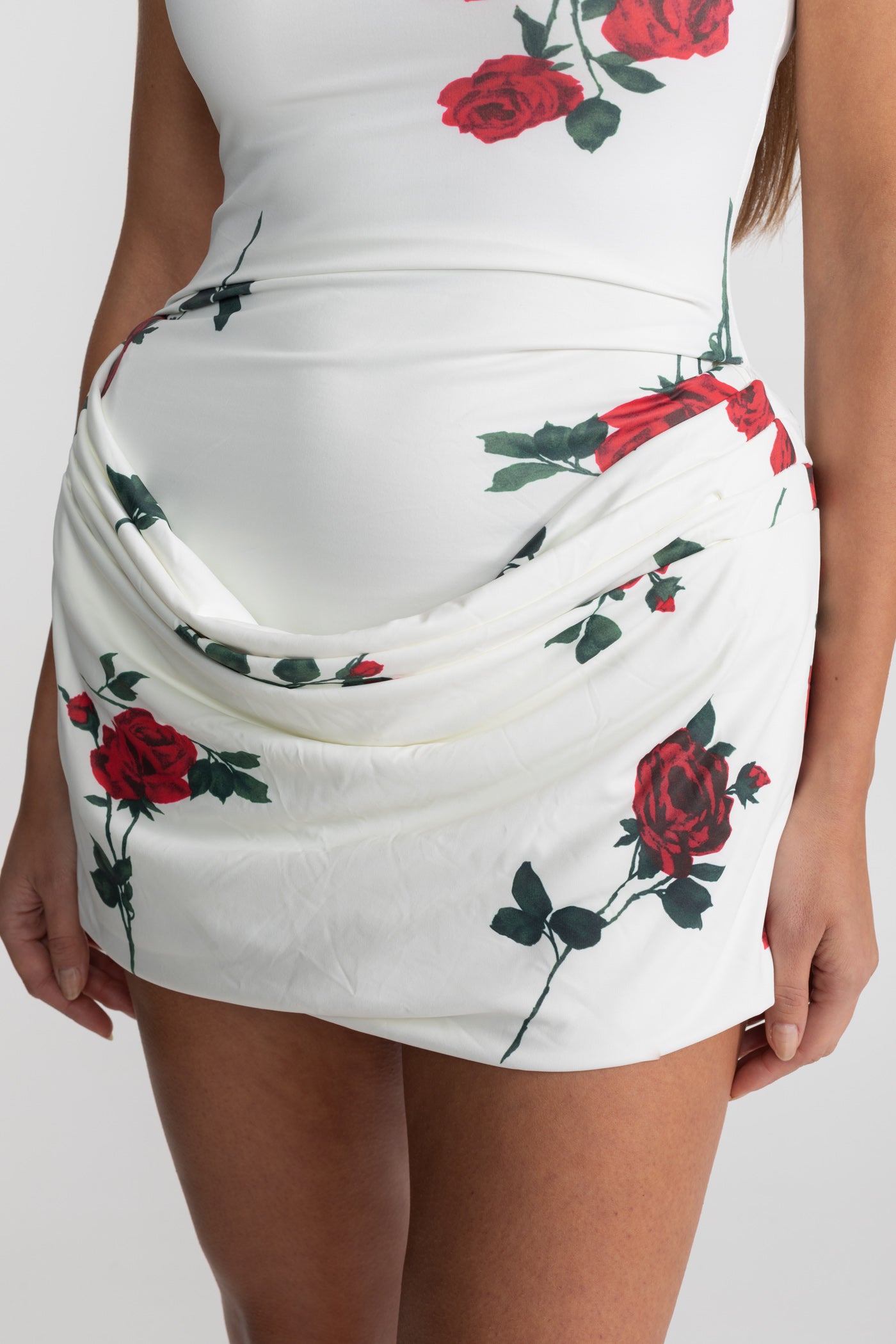 Strapless Floral Mini Dress with Draped Skirt - White