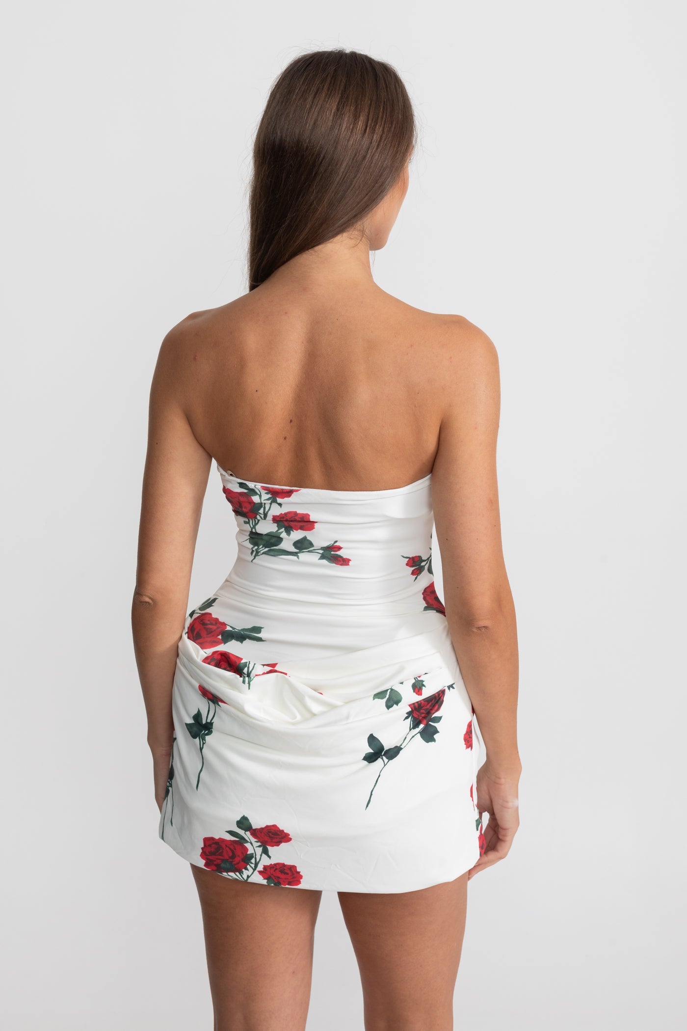 Strapless Floral Mini Dress with Draped Skirt - White