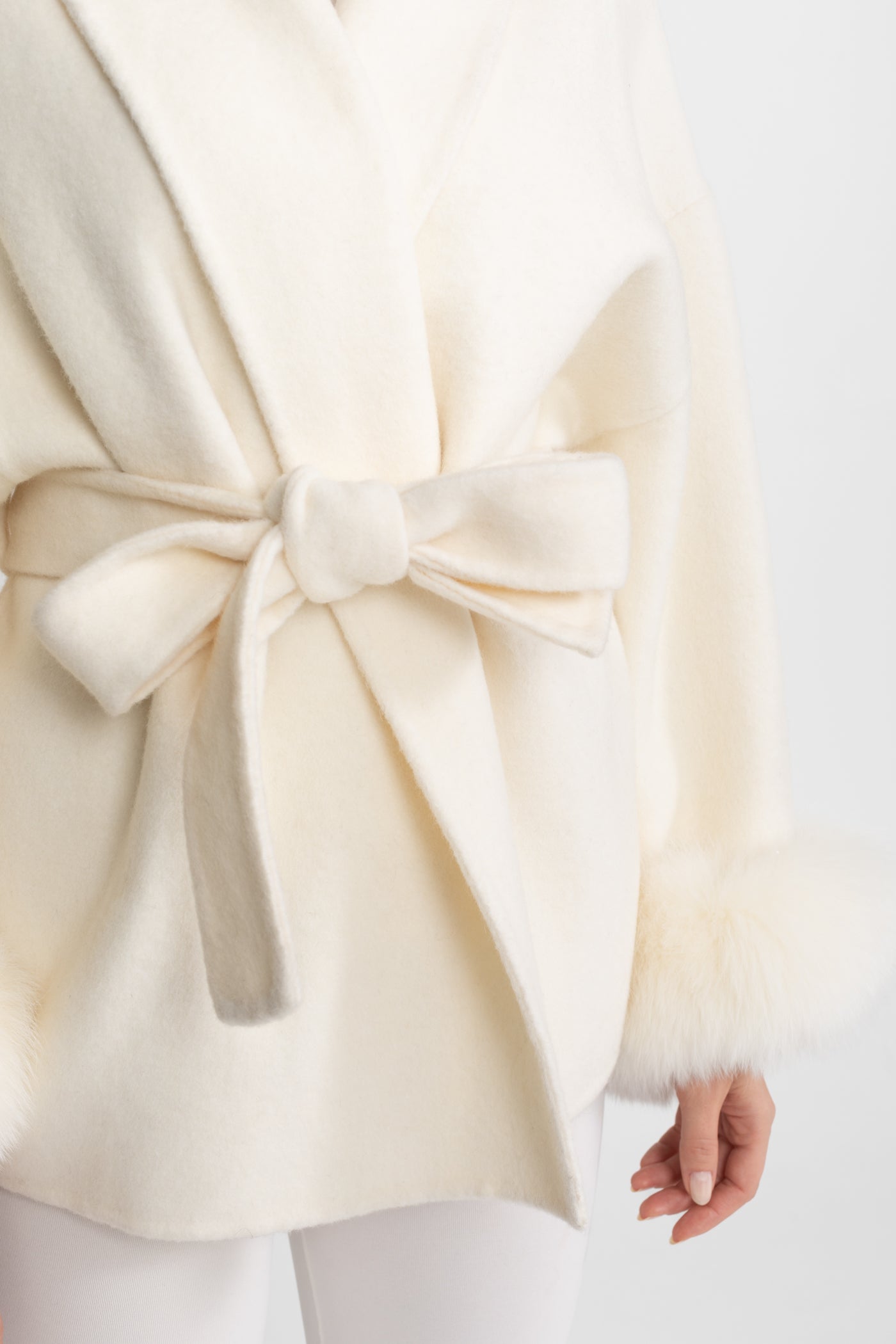 Wool Blend Wrap Jacket with Fox Fur Cuffs - Ivoire