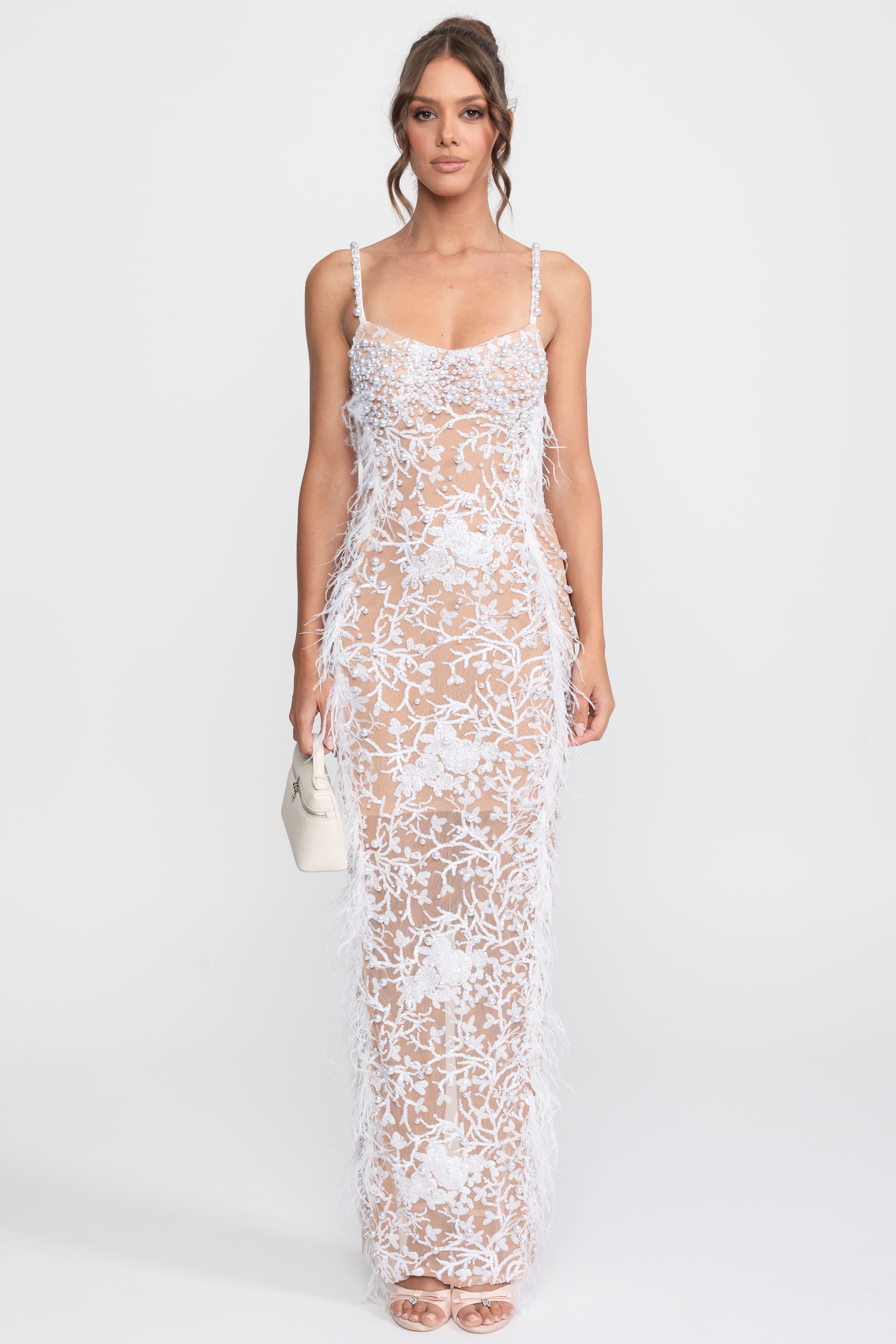 Feather Trim Beaded Lace Gown With Pearl Straps - White