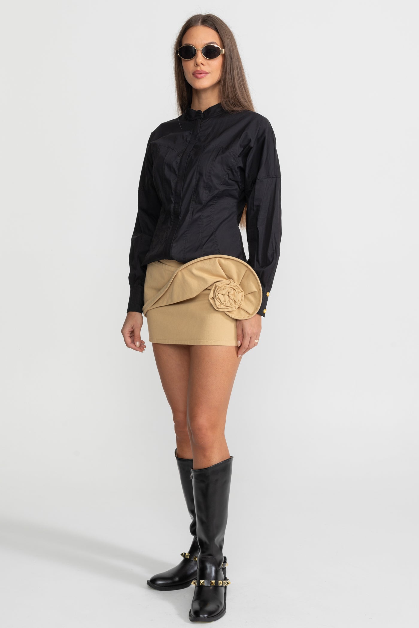 Mini Skirt with Draped Rose Appliqué - Beige