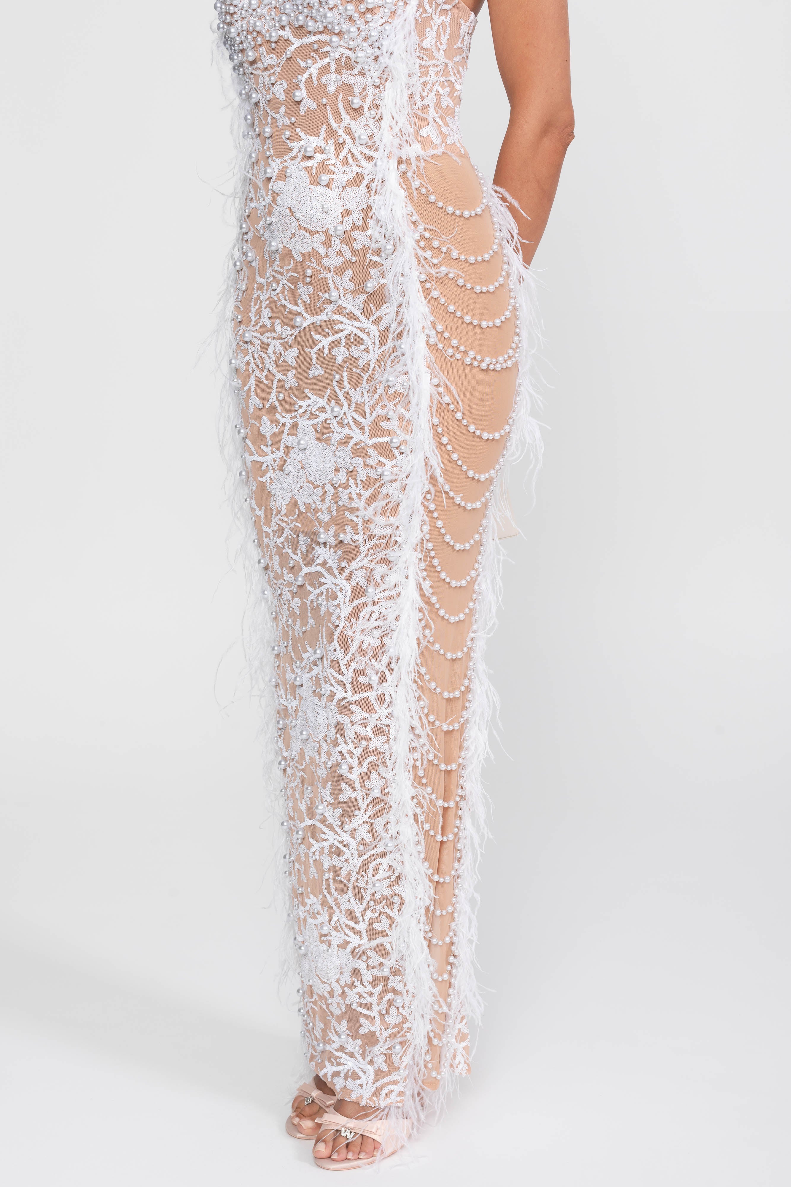 Feather Trim Beaded Lace Gown With Pearl Straps - White