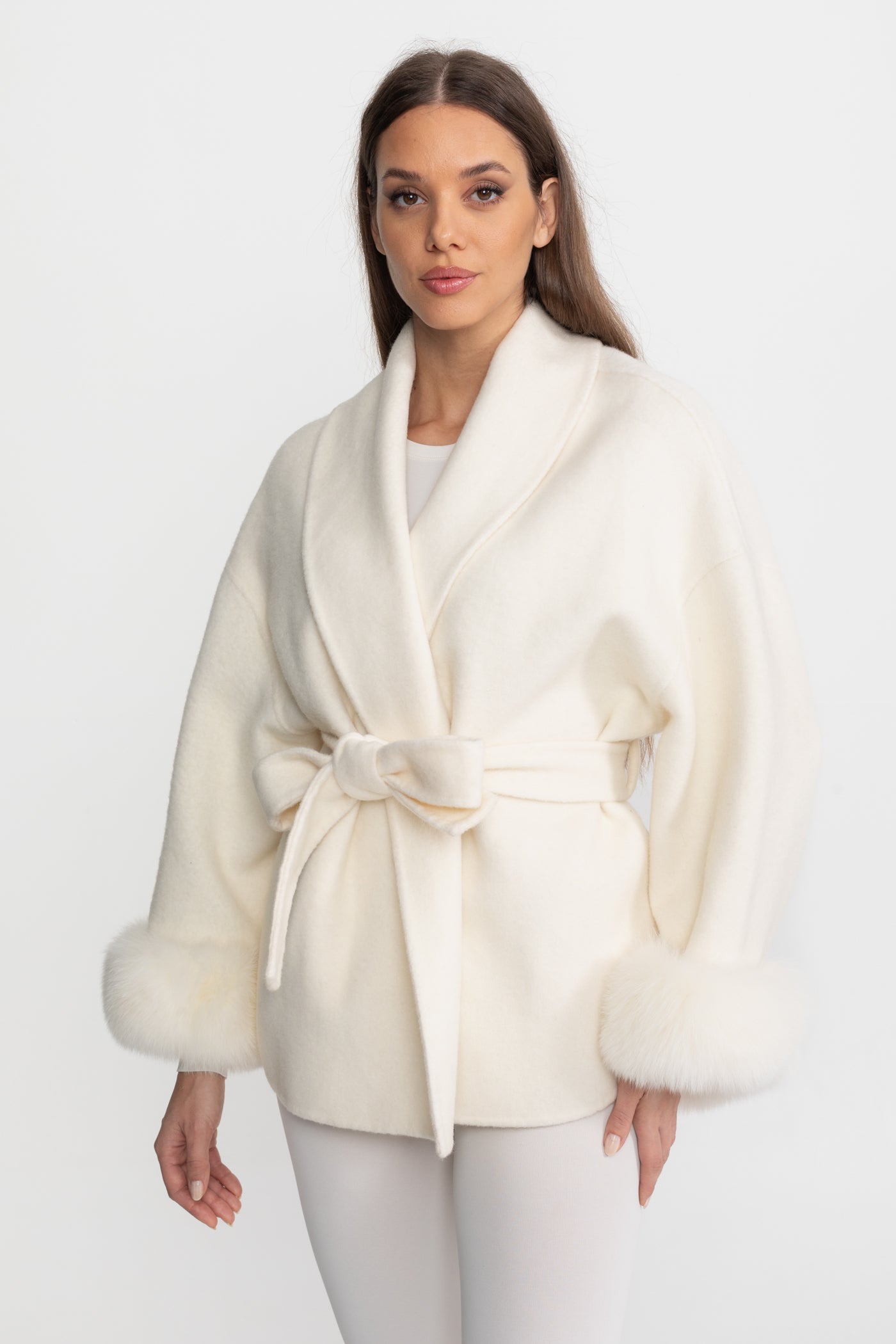 Wool Blend Wrap Jacket with Fox Fur Cuffs - Ivoire