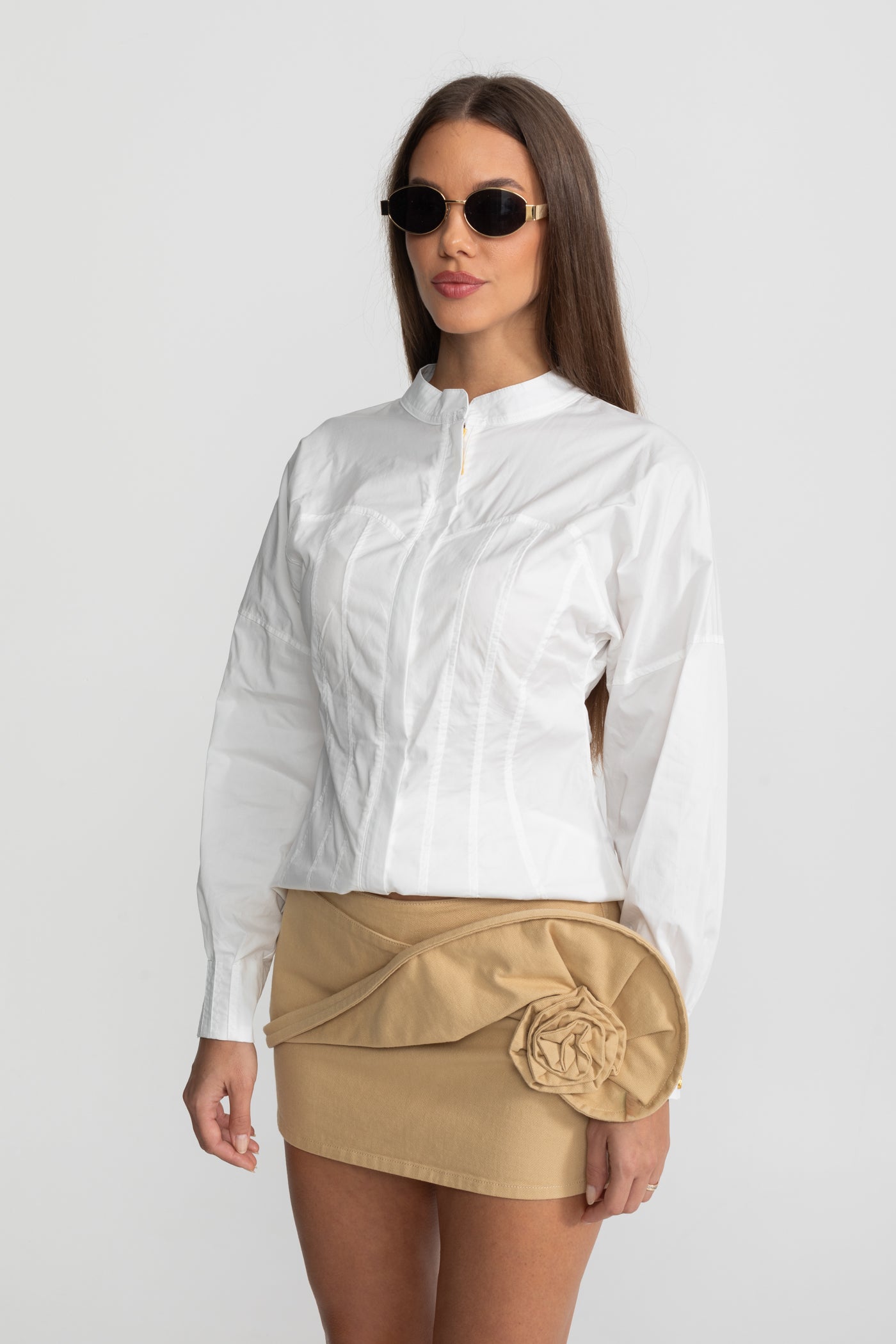 Mini Skirt with Draped Rose Appliqué - Beige